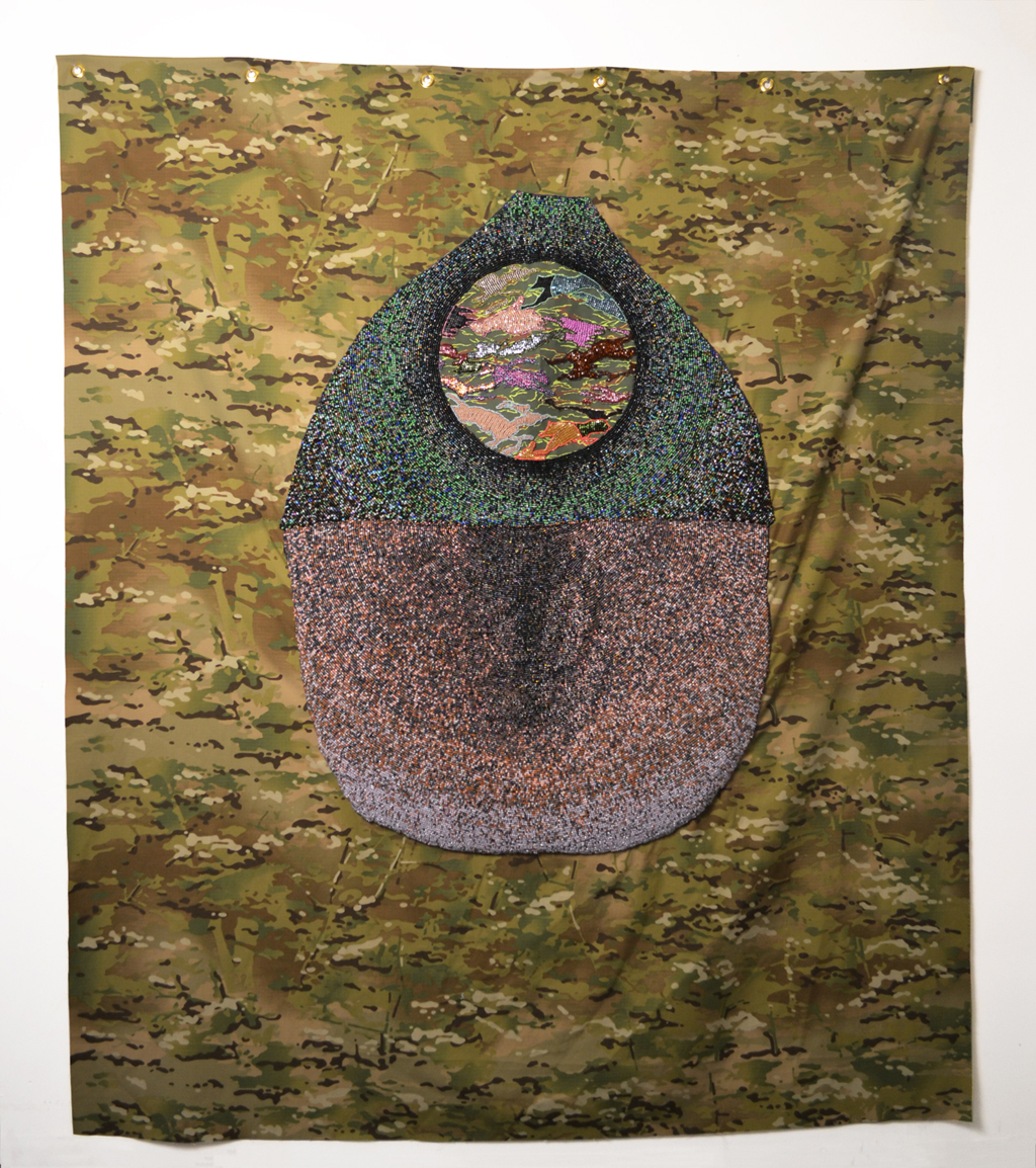 Pattern for a Yurt III, 2016, Fabric, thread, glass beads, and grommets, 76 x 64"