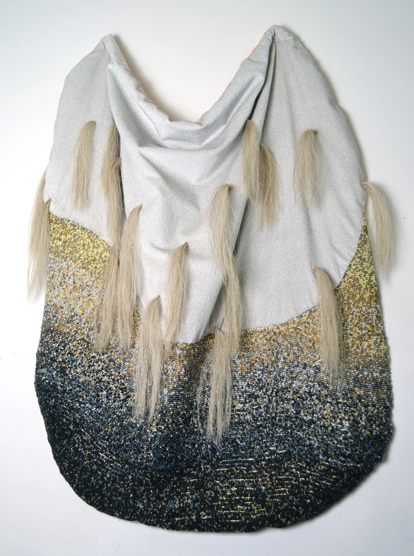 Protective Cape , 2014, Fabric, thread, glass beads, and horsehair, 48.5 x 34 x 6”