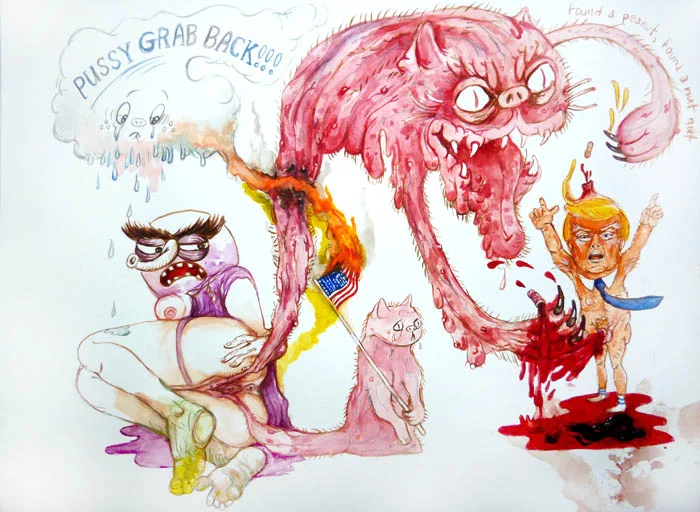 Dawn Frasch "Pussy Grab Back" 2016, Watercolor on paper, 12" x 16"