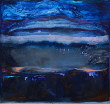 Dana James, "Caldera in Eternal Blue", 2016, dye, oil, pigment on canvas, 54"x60" http://danajames.info/