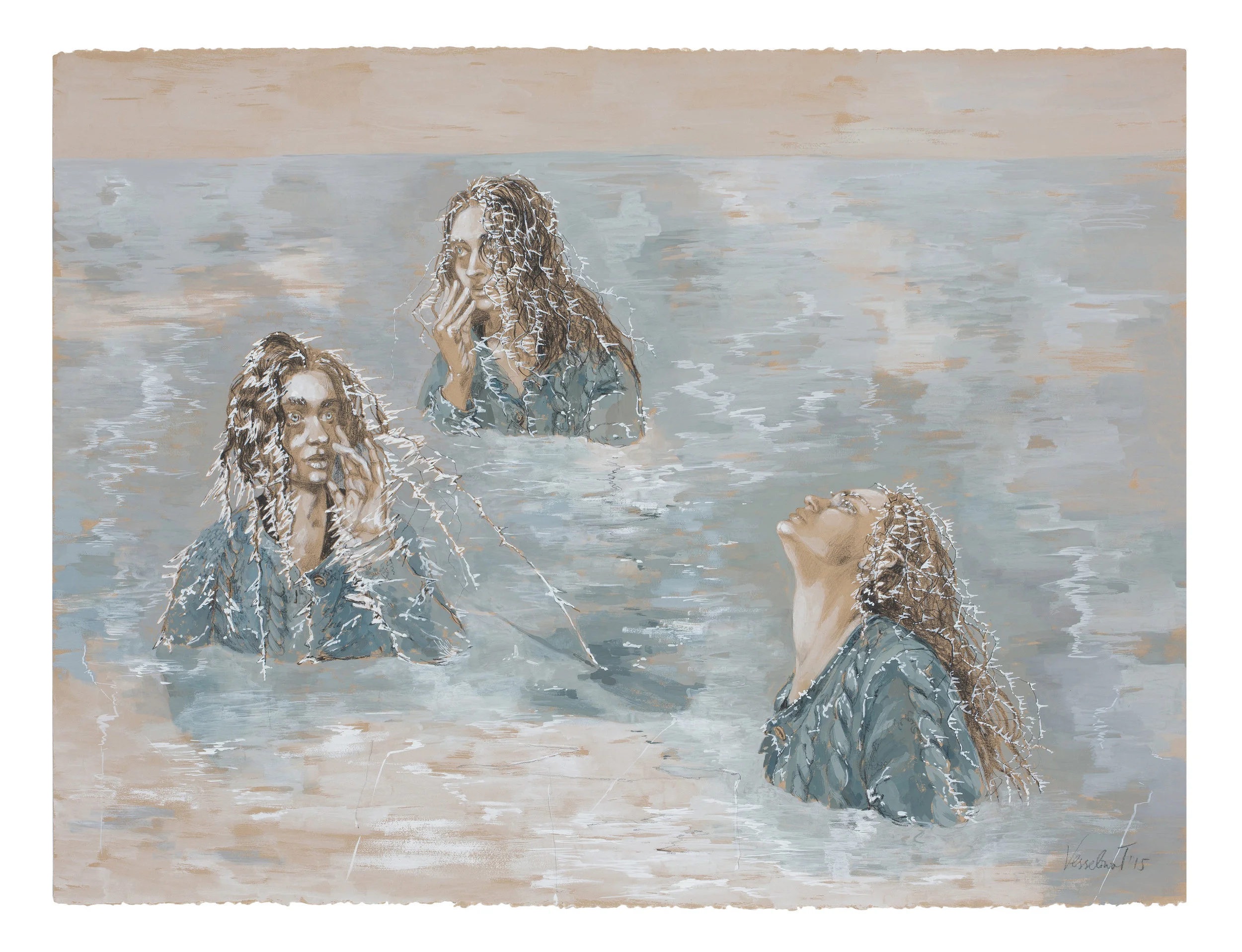 Vesselina Traptcheva , Mermaids: Ice / 2015 / egg tempera and china marker on hand-made paper / 30” X 23"