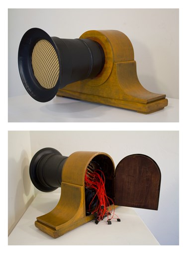 Margaret Noble, Homemade Time Machine , Interactive sound sculpture, 2016, 18” x 16” x 14”