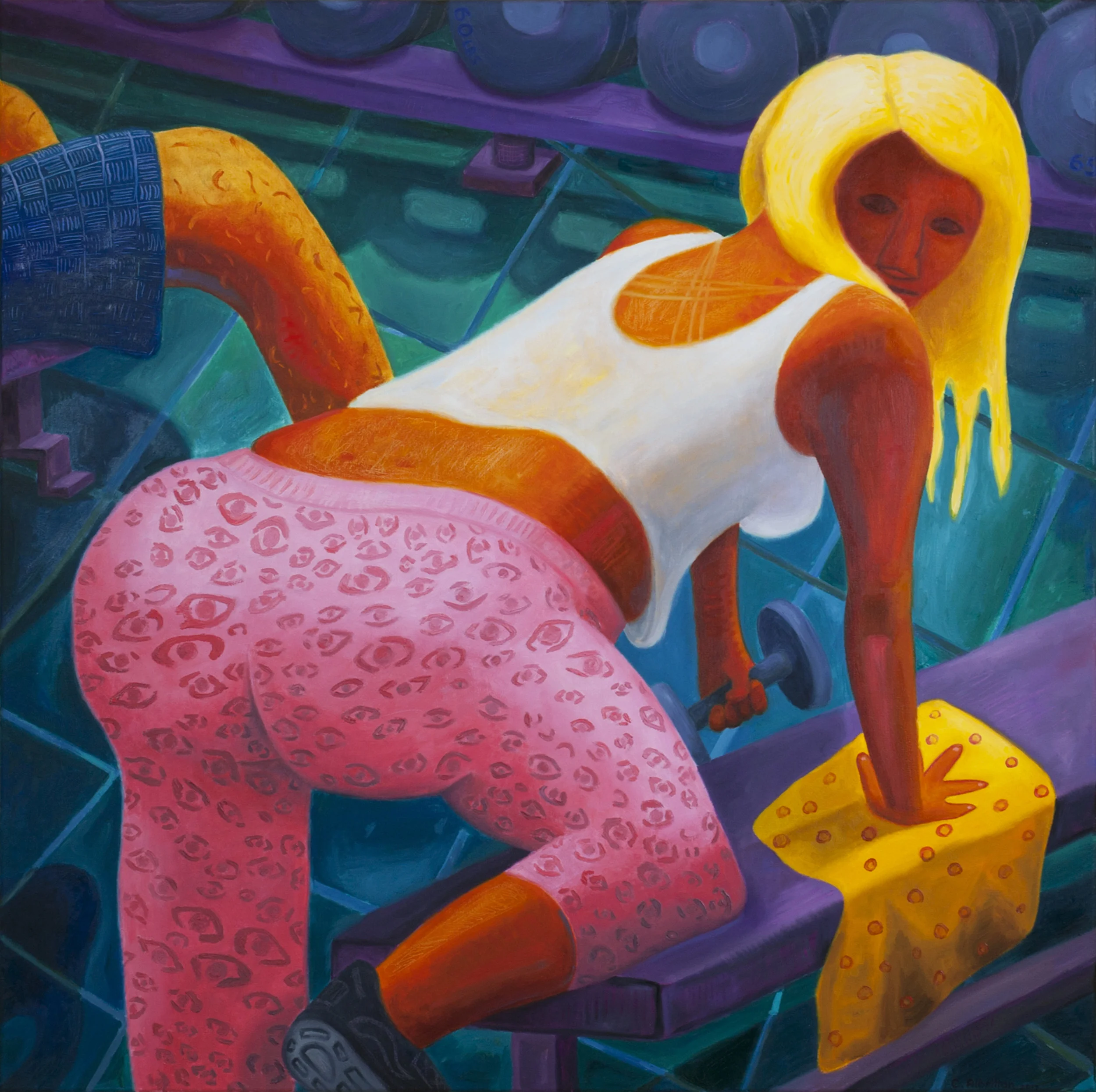 Caitlin Albritton "One-Arm Rows (Pink Cheetah)", 2017, oil and acrylic on canvas, 42 x 42 in.