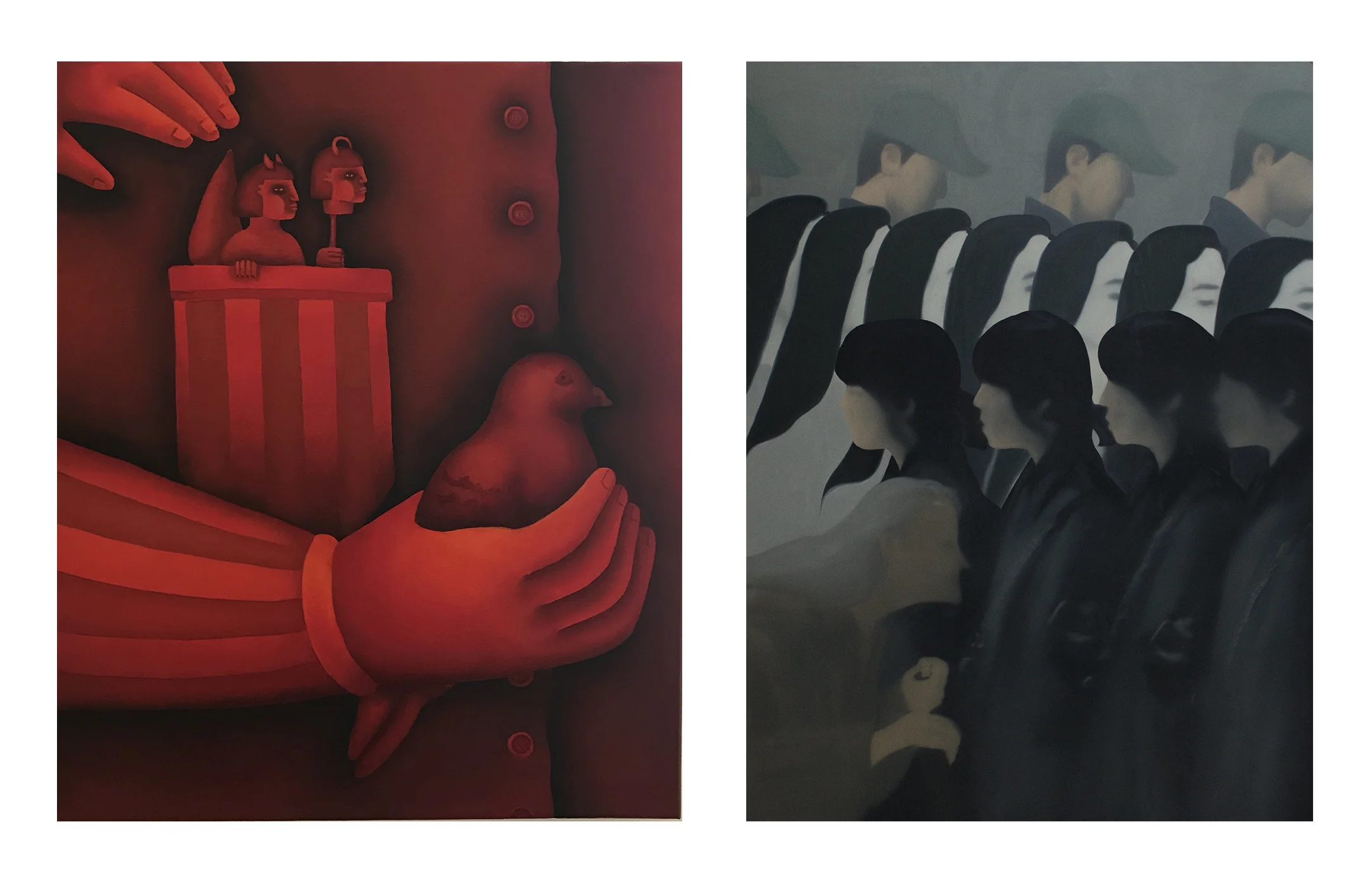 Left, Maria Fragoso, “Bendito deseo,” 2018, oil on canvas, 20” x 24” Right, John Lee, “View From Chair,” 2018, oil on panel, 36” x 48”