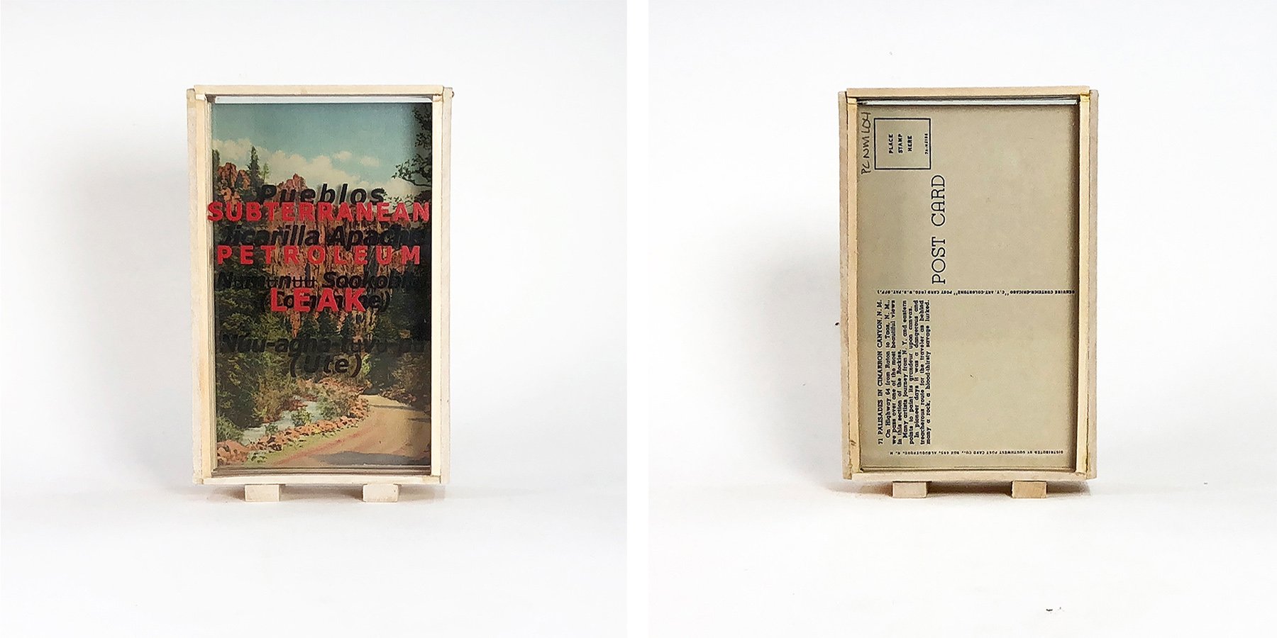  Erinn Kathryn "As Behind Many a Rock a Blood-thirsty Savage Lurked” (Cimmaron, NM) 2019/Handmade box, 3 panes of glass, screen print, vintage postcard/5.5" x 3.5" x 1.5"/$375.00 