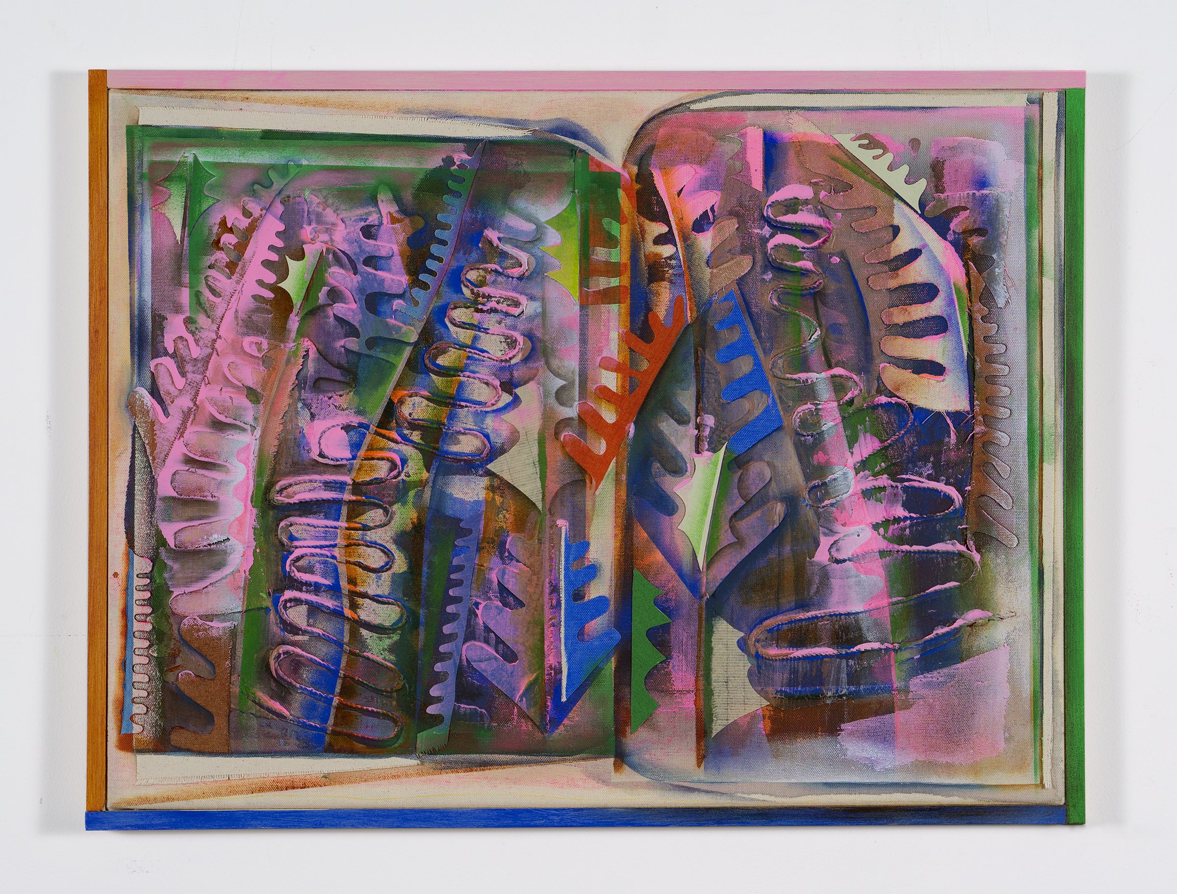  Melissa Oresky "Turning In" / 2021 / Acrylic, collage, and wax pastel on canvas, artist's frame / 19 x 25" / $2800 