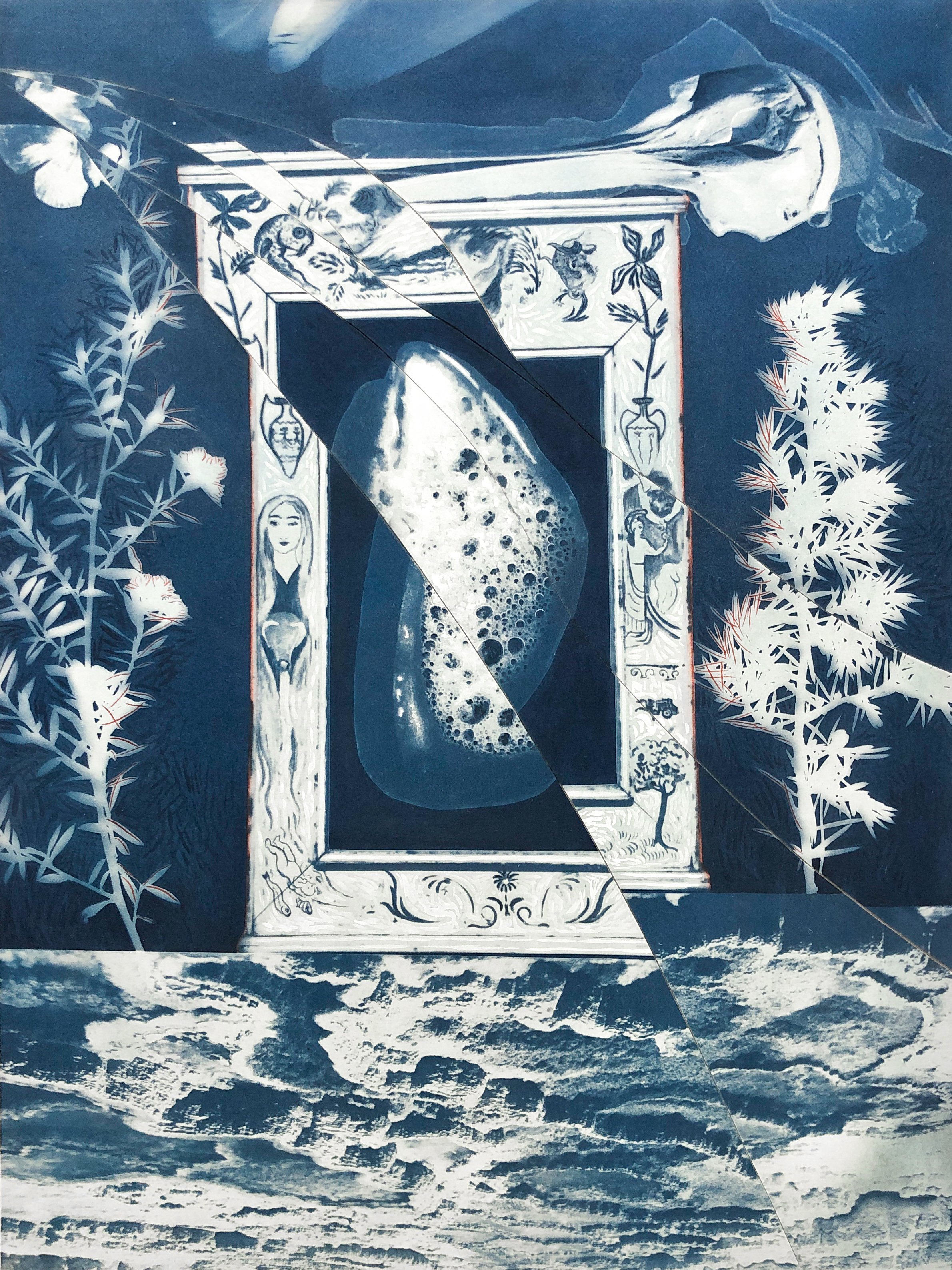  Annalise Neil "San Diego/Bahia de los Angeles/Yellowstone National Park/Barcelona/..." / 2020 / 11"H x 9"W x 1"D /Watercolor on cut and re-assembled Cyanotype, mounted on birch panel/ $500 