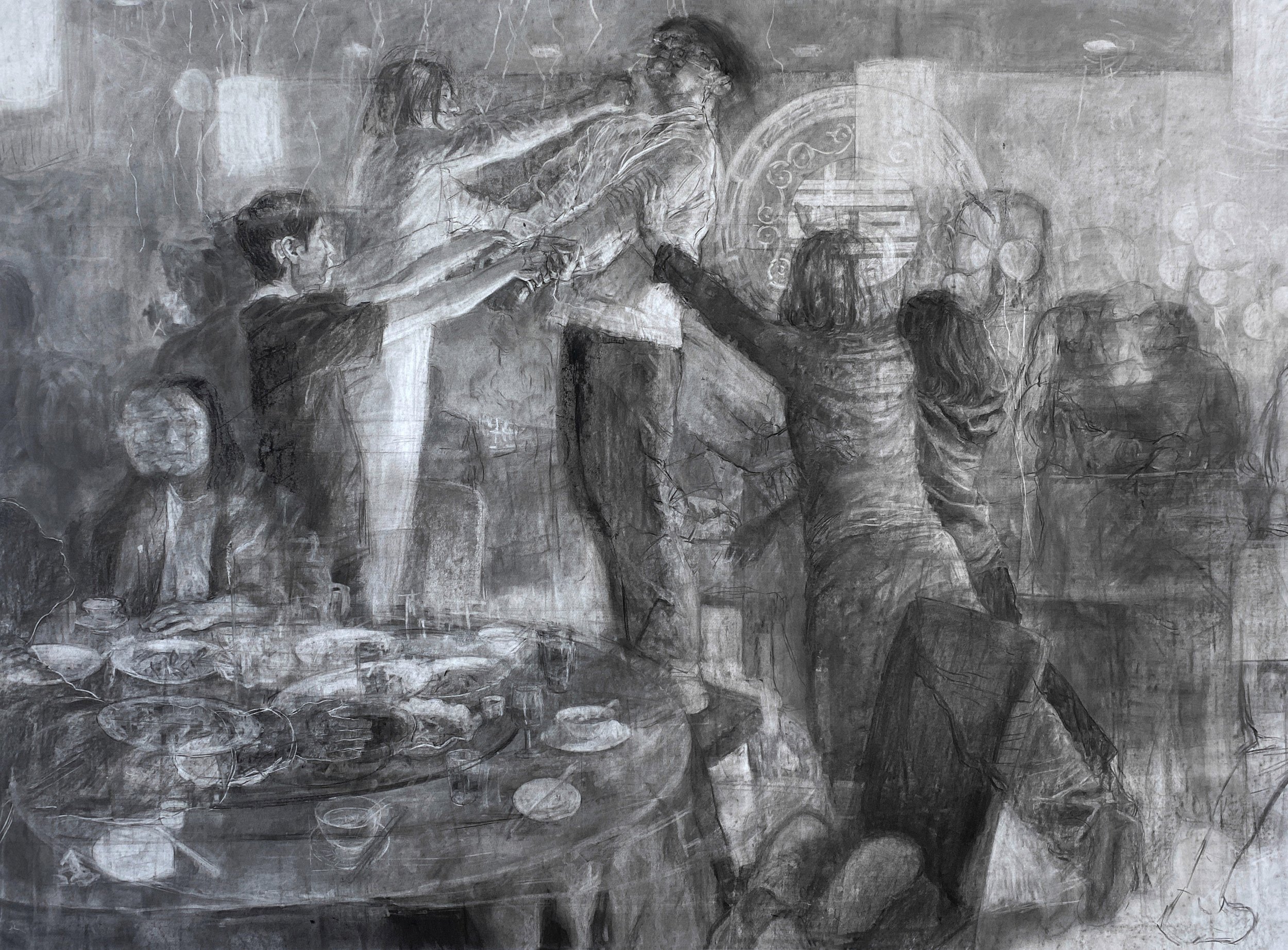 Eat Drink Man Woman: The Wedding, 2022, Charcoal on Paper, 68" by 94"