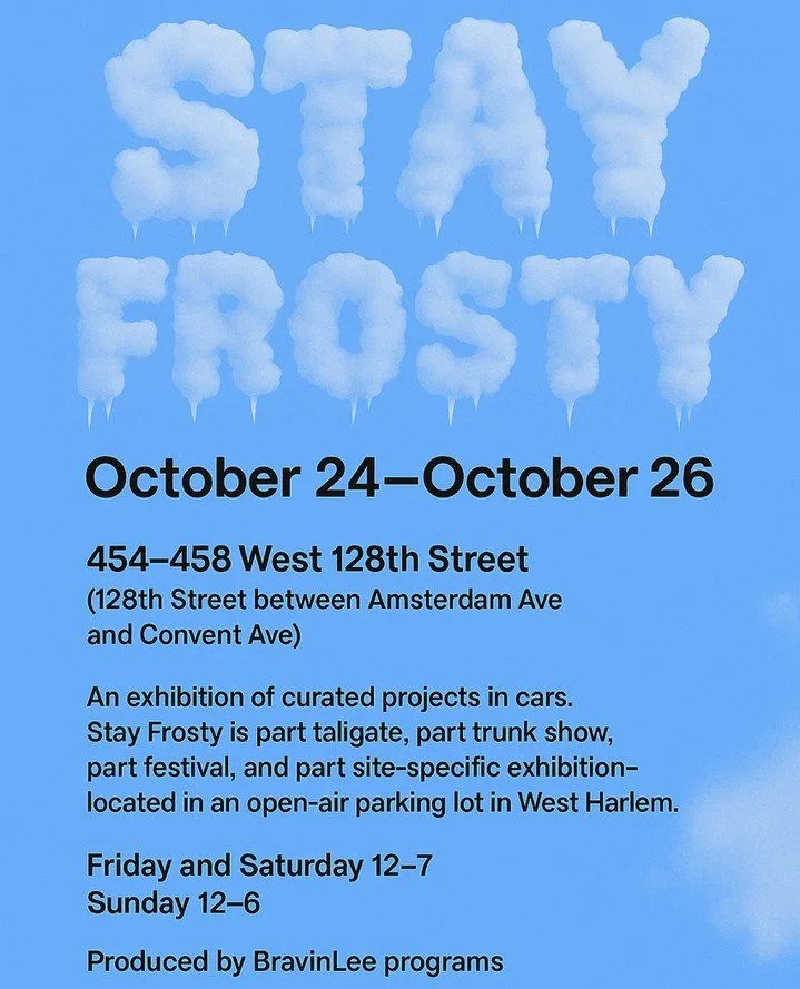 STAY FROSTY
Field Projects presents 
Kate Corroon Skakel 

Oct 24 - 26 (Friday-Sunday)
Vernissage: Friday Oct 24, 12-6 pm
454-458 West 128th Street
(128th Street between Amsterdam Ave and Convent Ave)

Stay Frosty is part tailgate, part trunk show, p