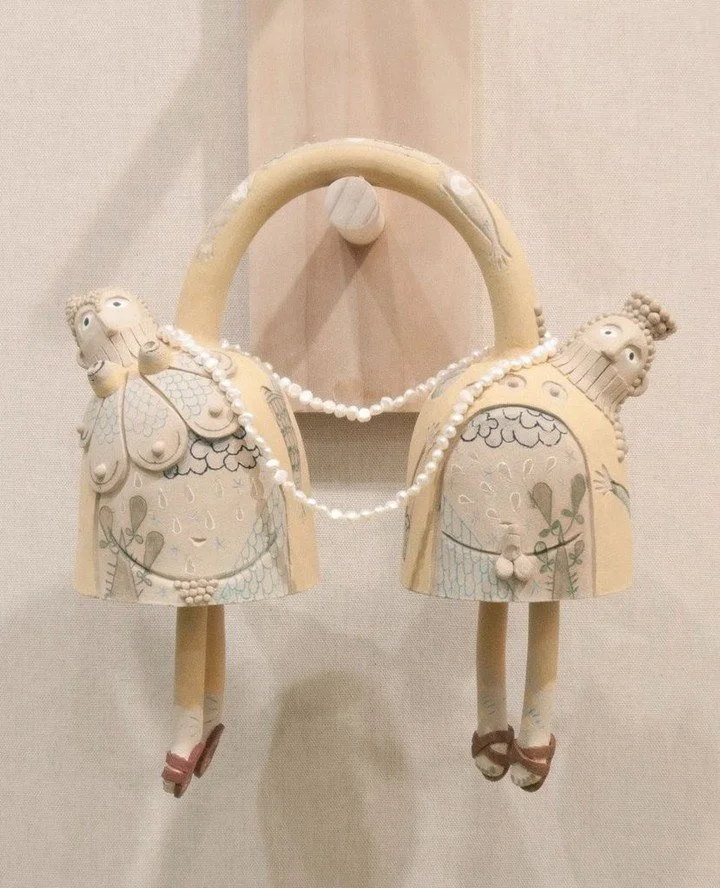 Chiara No:⁠
WE KNOW THAT WE KNOW⁠
Curated by Jacob Rhodes⁠
@chiara_no_⁠
⁠
Opens Thursday - Saturday 12pm - 6pm⁠
Oct 16 - Nov 22, 2025⁠
⁠
Votive to Lilitu and Lilu⁠
underglaze and glaze on stoneware, raw pearls, waxed thread⁠
10 x 3.5 x 10 in.⁠
2025⁠
