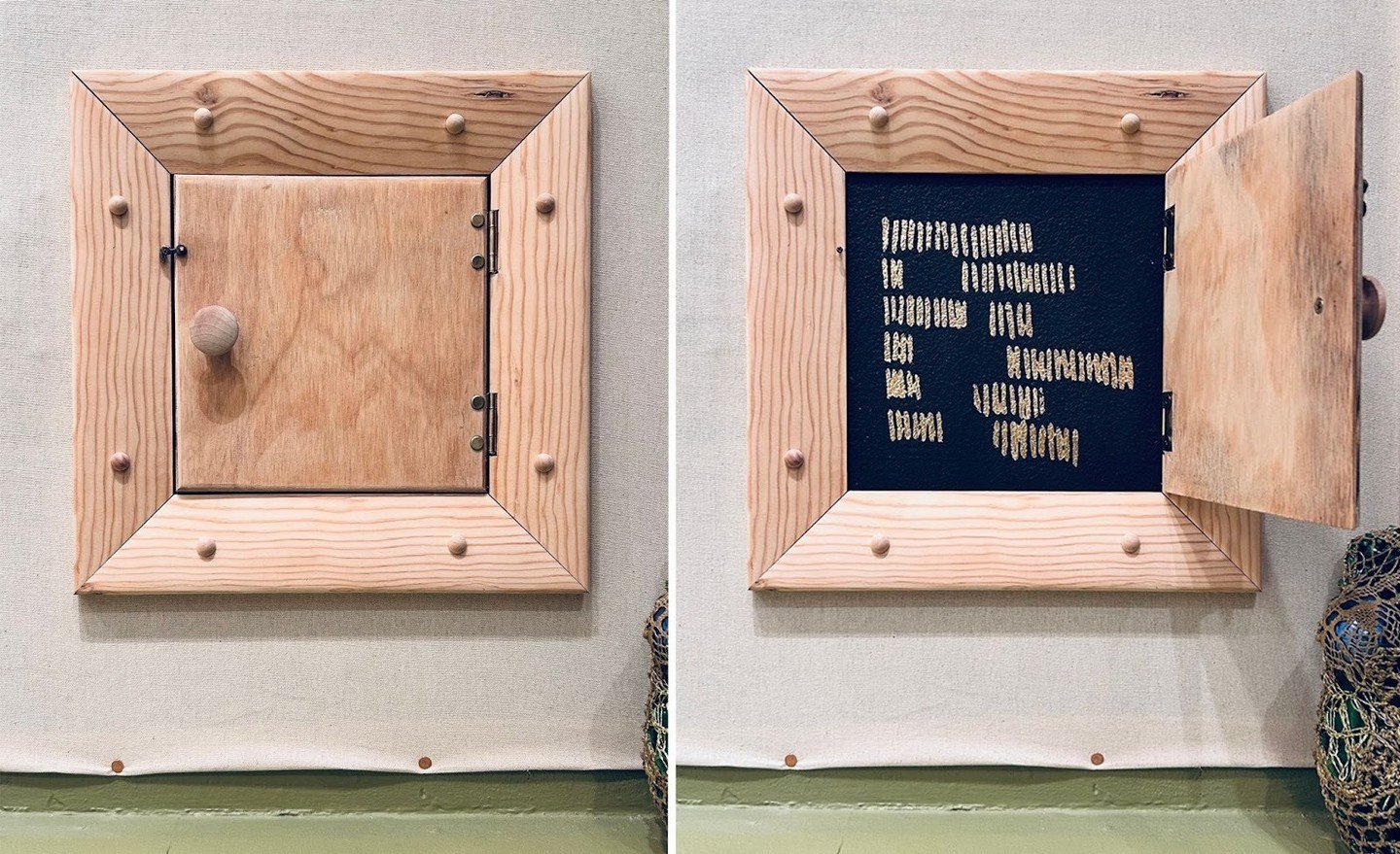 Happy Thanksgiving!⁠
We will be open Saturday 12pm-6pm this week :)⁠
⁠
Chiara No:⁠
WE KNOW THAT WE KNOW⁠
Curated by Jacob Rhodes⁠
@chiara_no_⁠
⁠
Oct 16 - Dec 6, 2025⁠
⁠
Access Door (counting)⁠
Pine, brass, gold leaf⁠
13 x 13 x &frac12; in.⁠
2025⁠
⁠
T