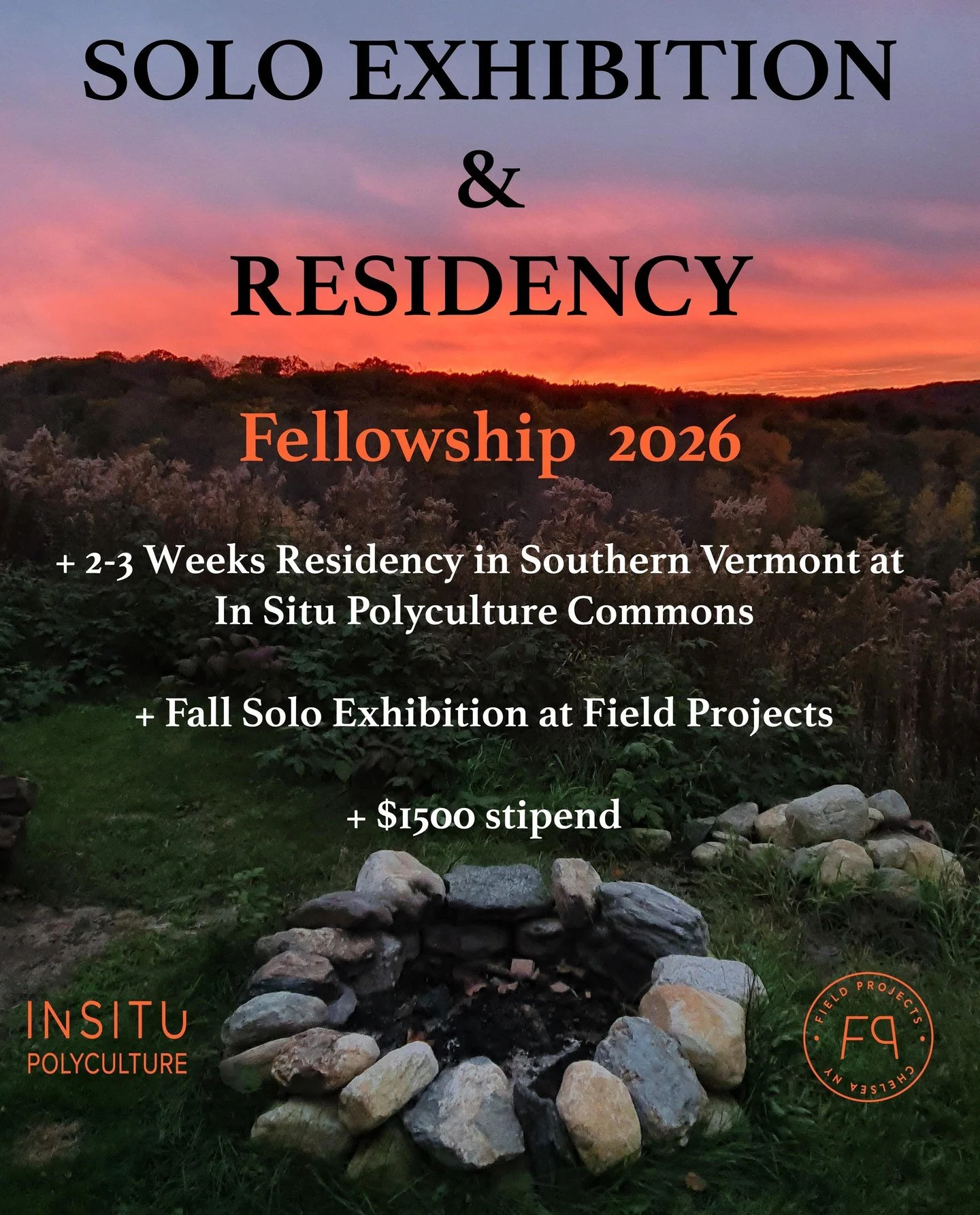 Solo Show &amp; Residency Fellowship  2026 ⁠
+ 2-3 Weeks Residency in Southern Vermont at In Situ Polyculture Commons @in_situ_polyculture⁠
+ Fall Solo Exhibition at Field Projects Gallery⁠
+ $1500 stipend⁠
Deadline: Feb 2, 2026, 11:59pm⁠
⁠
⁠#solosho