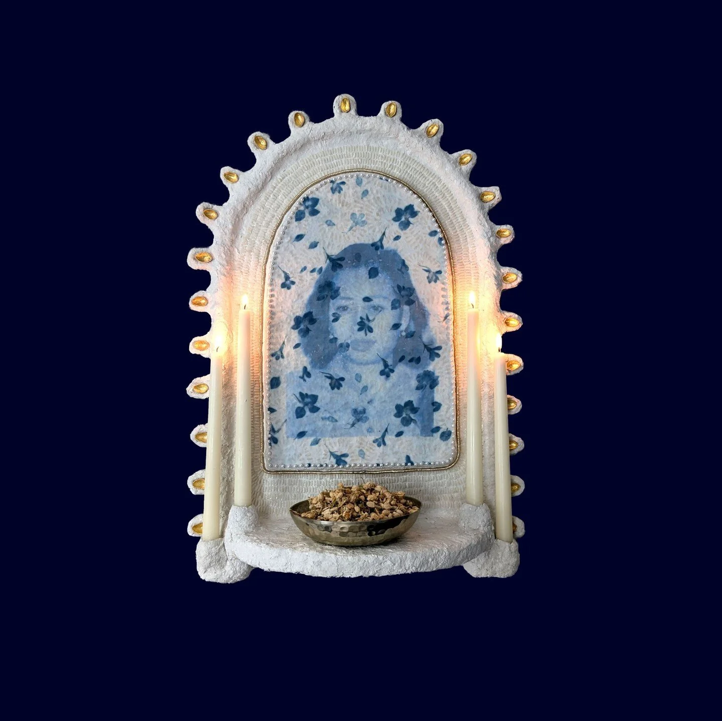 Dana Lynn Harper⁠
@danalynnharper ⁠
⁠
1. "Flowers of My Mother" / 2024 / AI enhanced photograph on tissue paper, batik fabric, chiffon, glass pearls, pistachio shells, gold leaf, gold rope, found brass bowl, dried jasmine, candles, paper cl