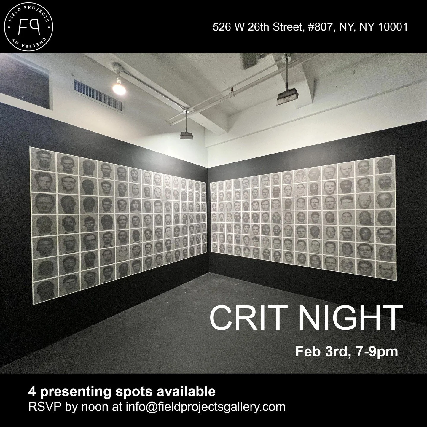 Our first crit night was a blast, and we&rsquo;re excited to be running the second session next week! Right now, there are 4 slots left for presenting artists. Shoot an email to info@fieldprojectsgallery.com and RSVP if you&rsquo;d like to join us! ✨