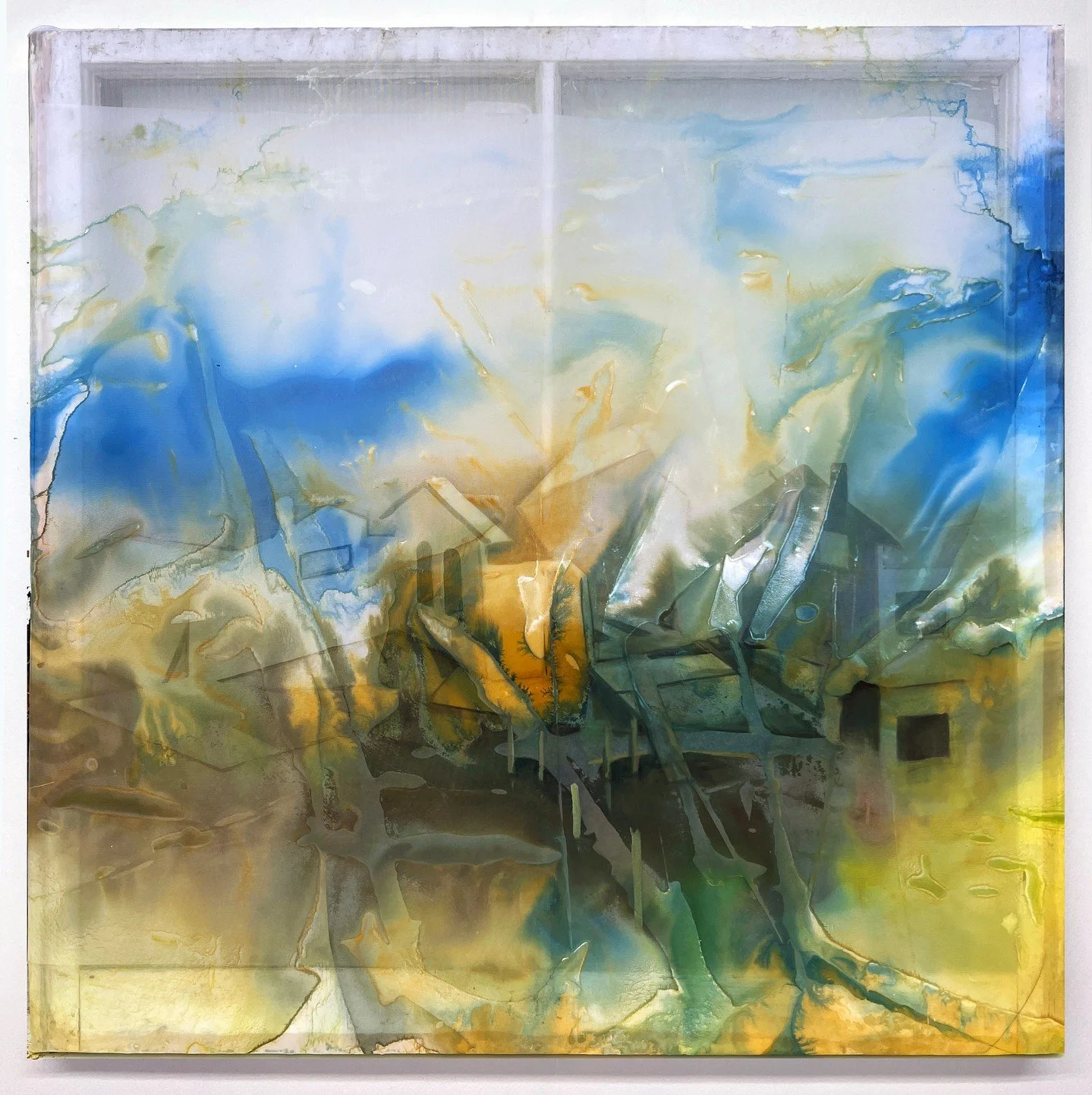 Virgina Wagner @virginiawagner⁠
"Lapping at Your Door" / 2025 / Ink and oil paint on mylar, Recycled fabric, found window, mylar, ink and oil paint / 31.5 x 31.5 inches⁠
⁠
EVERYTHING AND NOTHING AT ALL💥⁠
Curated by: Ivy N. Jones (Welancora