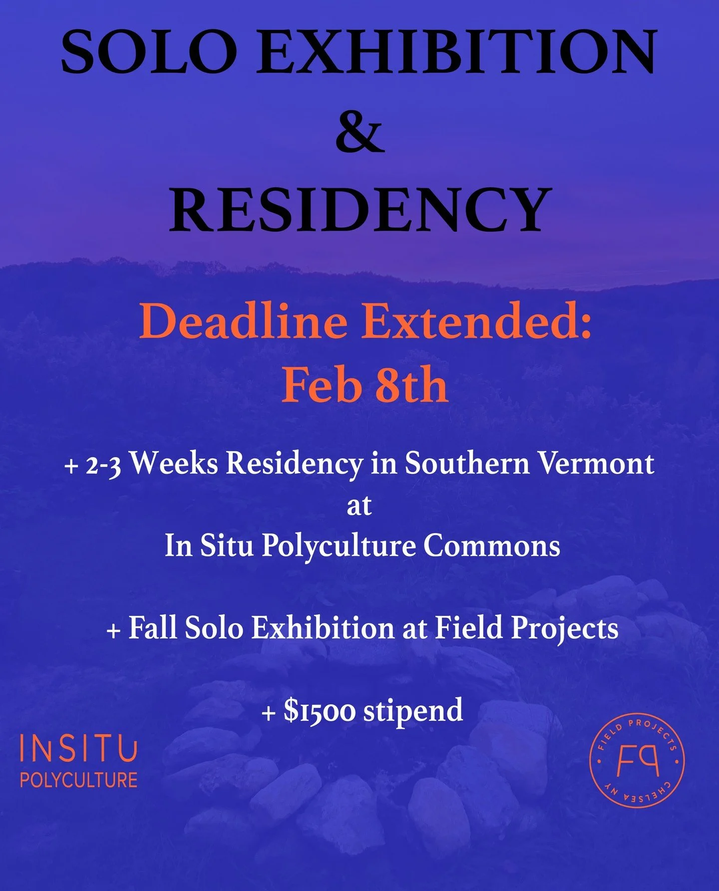 Extended Deadline: Feb 8, 2026, 11:59pm⁠
⁠
Solo Show &amp; Residency Fellowship 2026 ⁠
+ 2-3 Weeks Residency in Southern Vermont at In Situ Polyculture Commons @in_situ_polyculture⁠
+ Fall Solo Exhibition at Field Projects Gallery⁠
+ $1500 stipend⁠
⁠