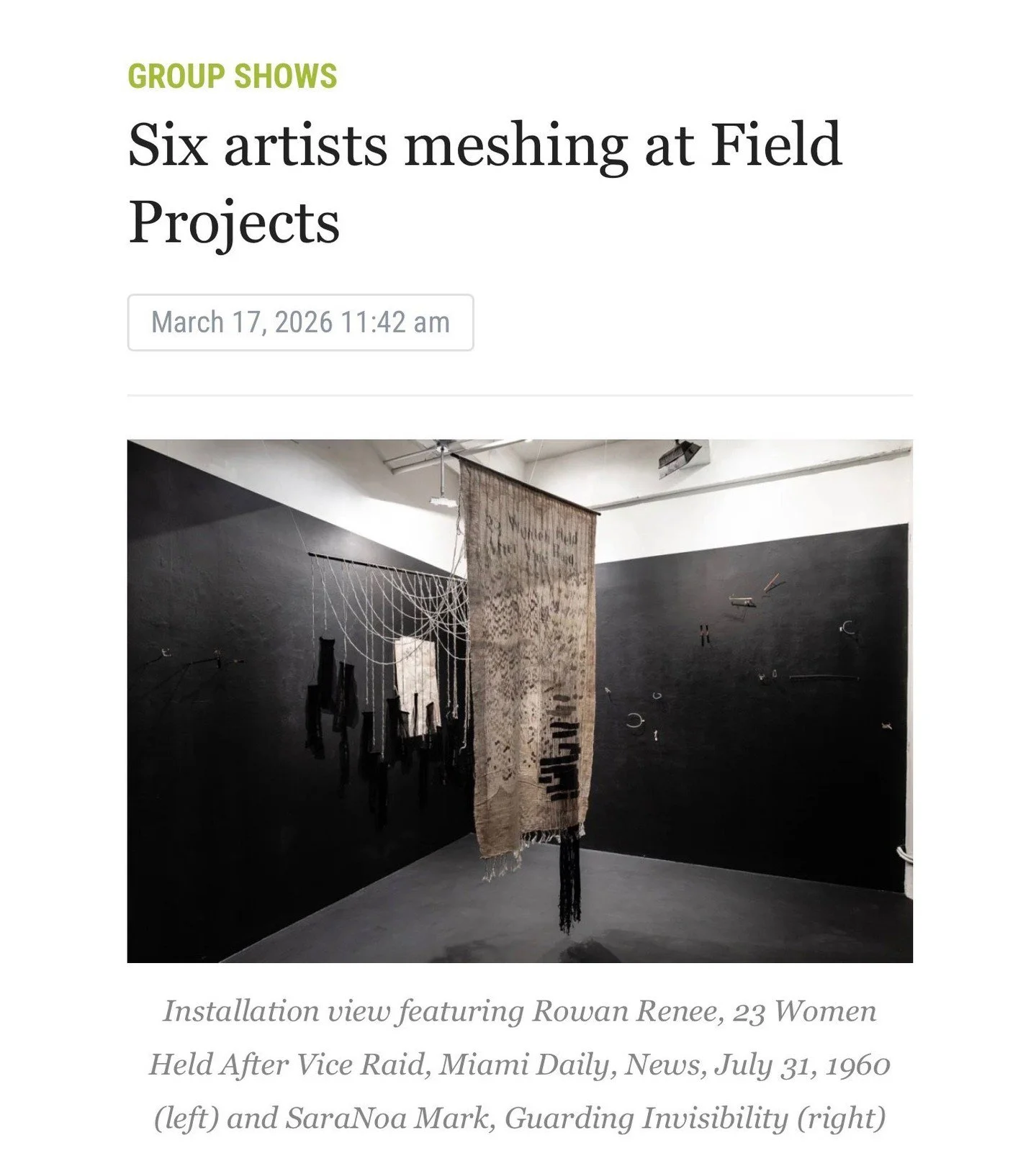We are over the moon with this beautiful review written by @will.kaplan for @twocoatsofpaint !⁠
⁠
You can read the full review here: https://twocoatsofpaint.com/2026/03/six-artists-meshing-at-field-projects.html (live link in bio)⁠
⁠
@brooklyntintype