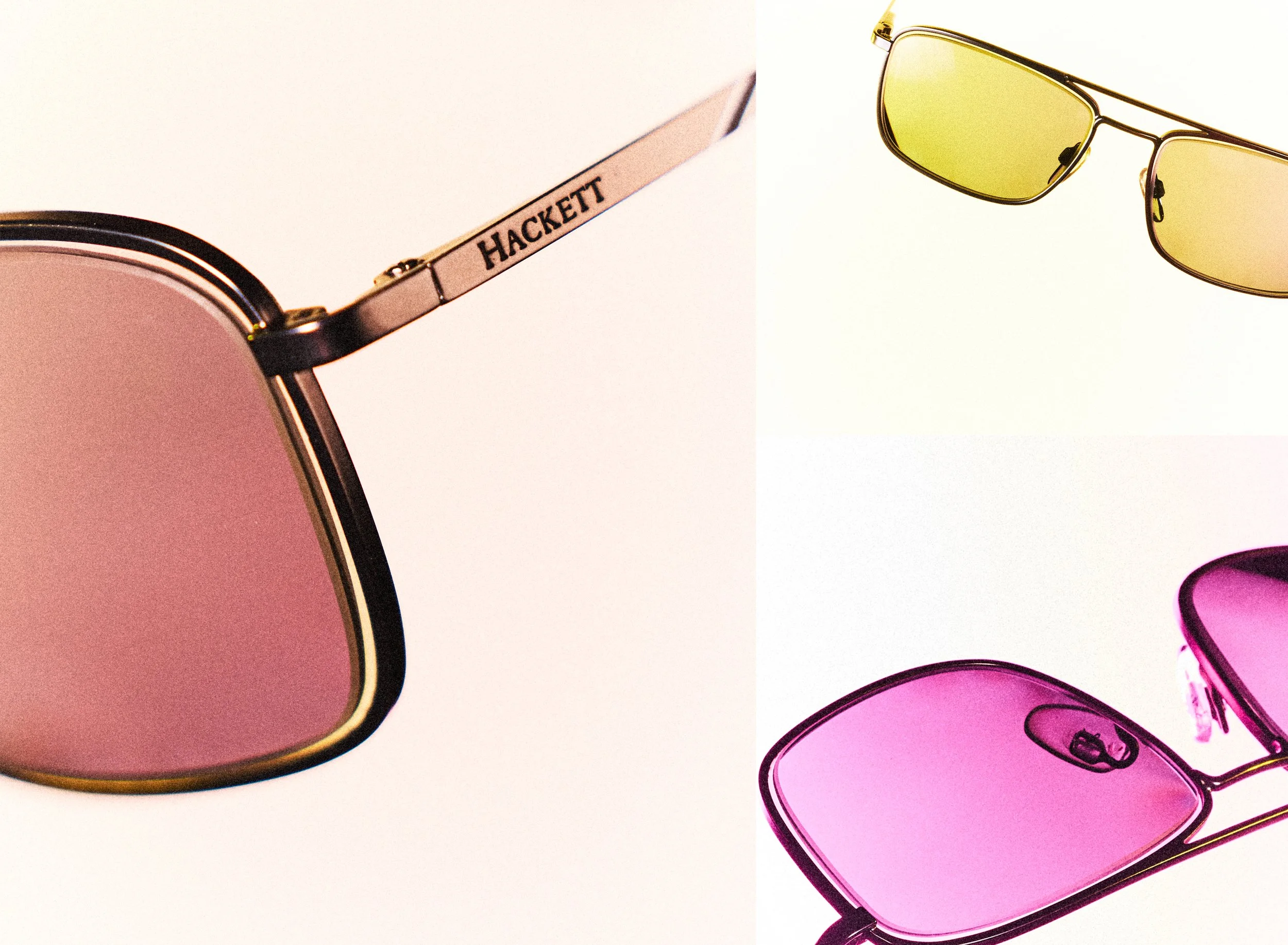 Close-up of pink sunglasses with yellow lenses and black frames, and an iPhone with a pink case and black edges, both on a white surface.