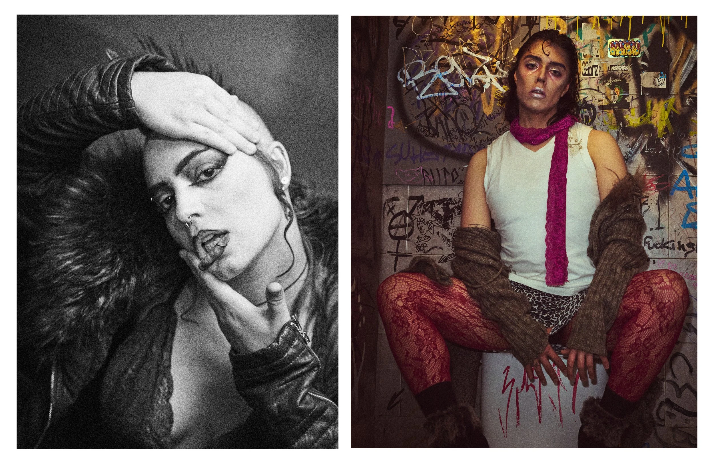 A side-by-side comparison of two photos of the same woman. The left is a black-and-white close-up shot of her with wavy hair, a leather jacket, and a confident expression. The right is a colorful, edgy photo of her sitting against a graffiti-covered 