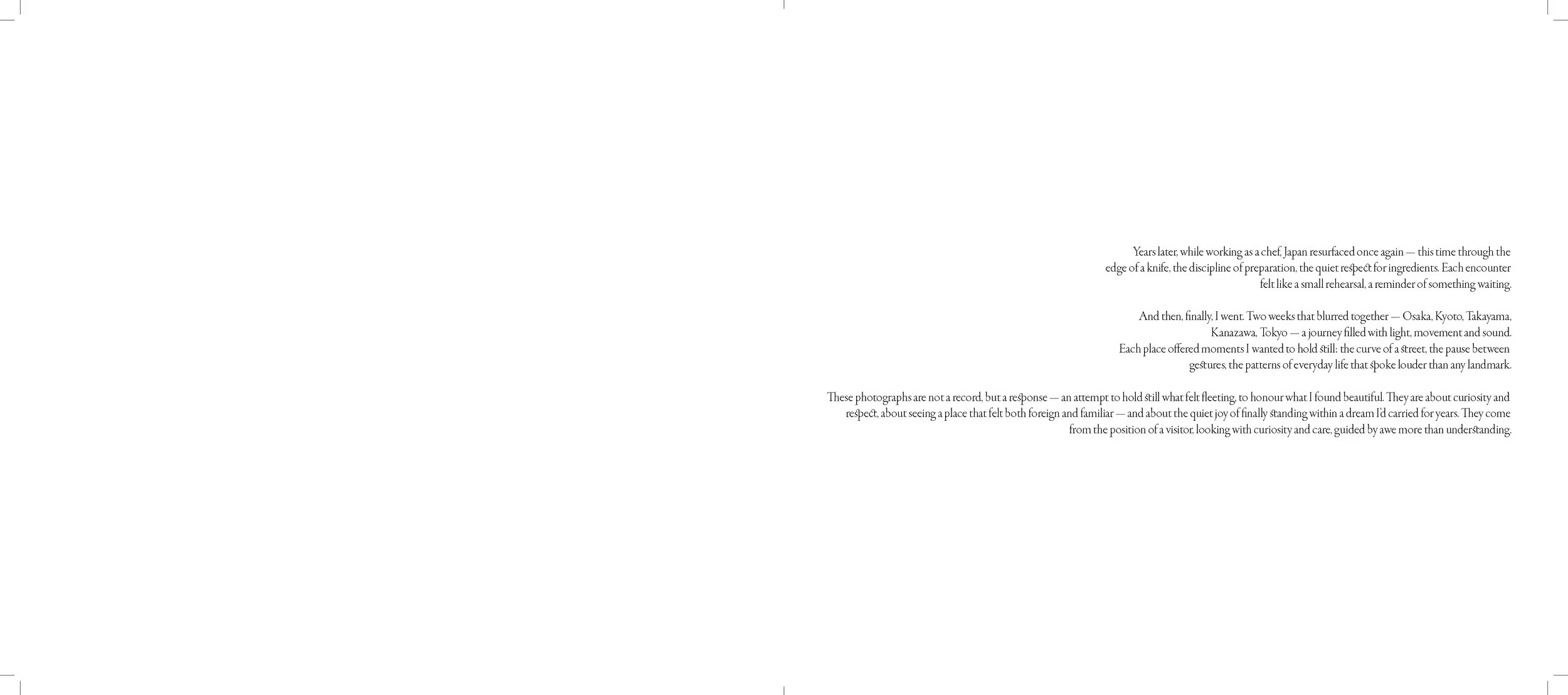 A white page with black text describing a journey through Japan and the significance of everyday moments, with empty space surrounding the text.