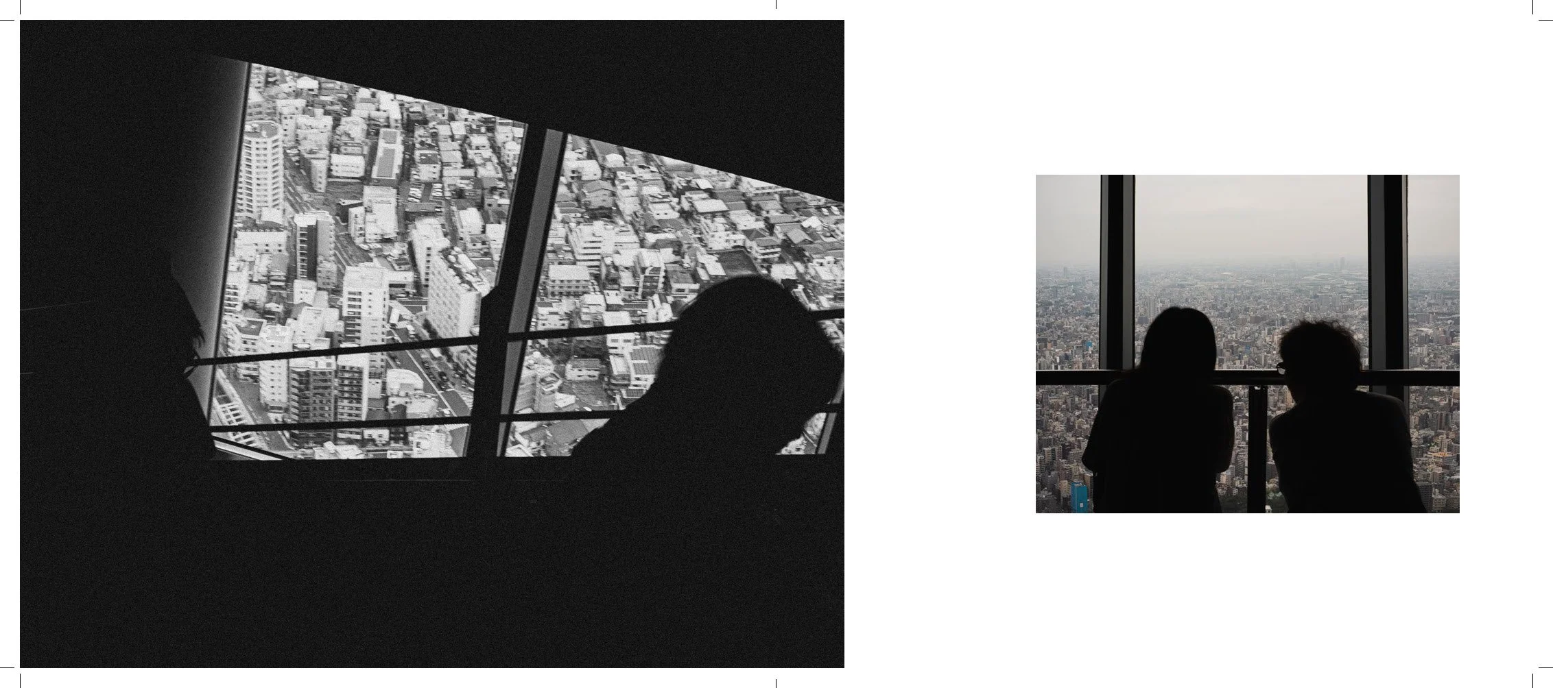 Two people sitting in front of large windows, overlooking a city skyline; one image is in black and white, the other in color.