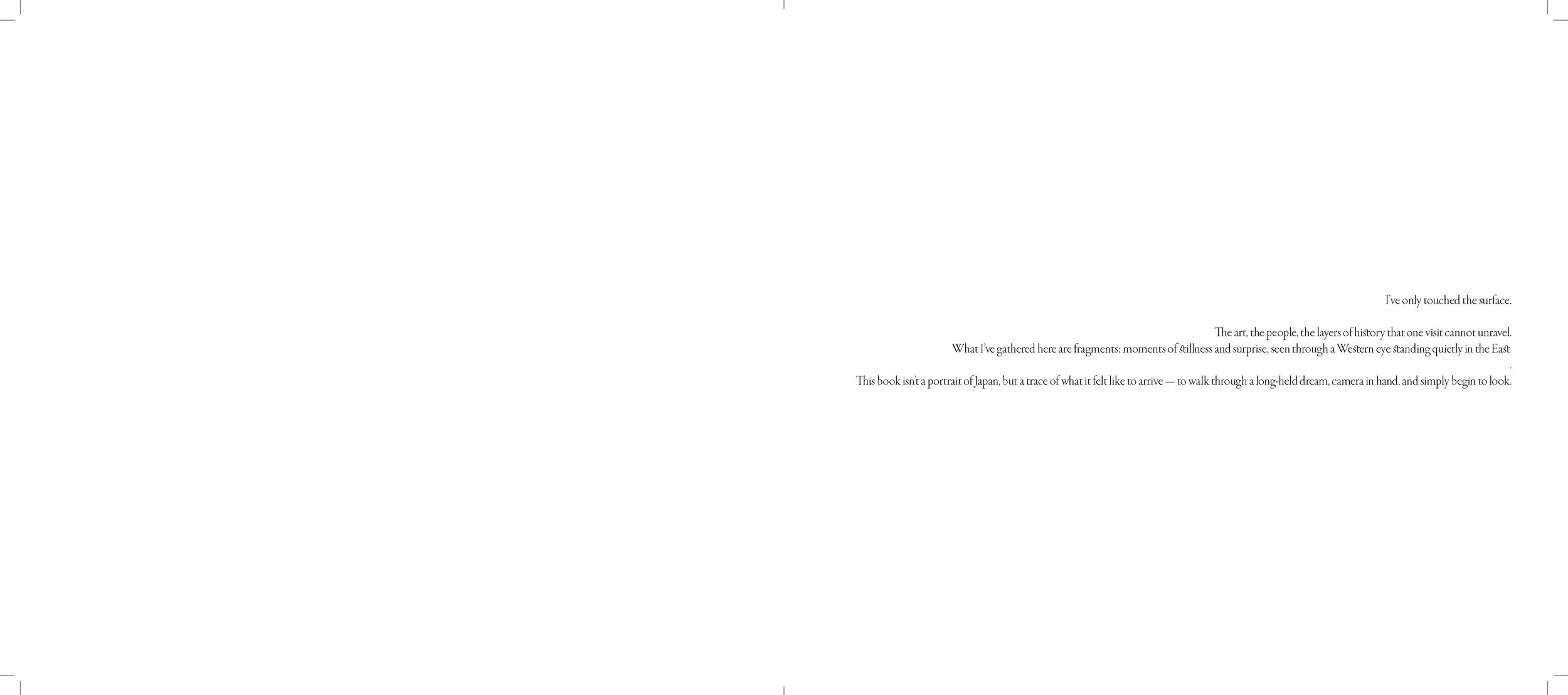 A minimalist spread in a book with a white background and black text, containing a reflective paragraph about art and history.