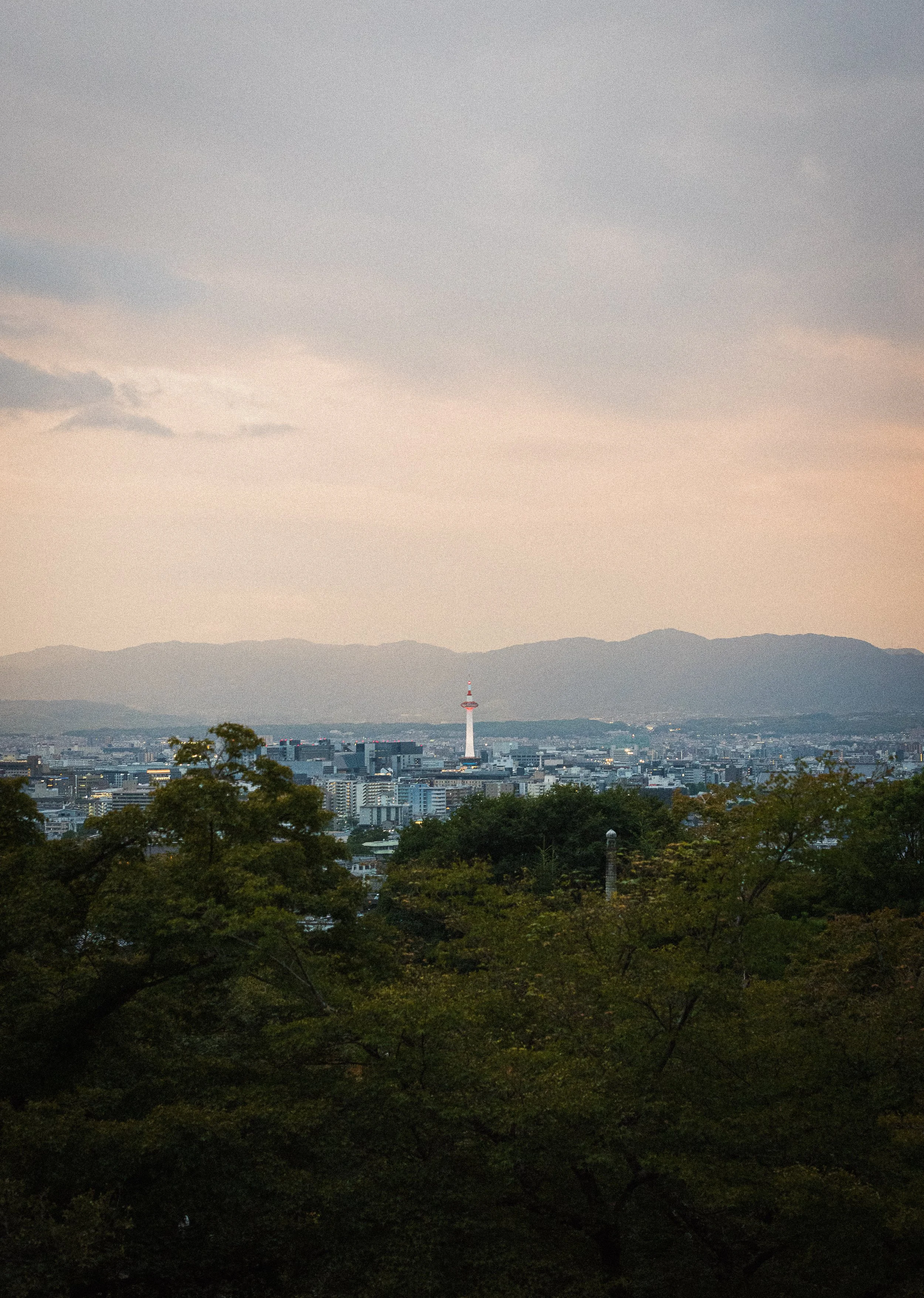 Cityscape of Osaka, Japan, with the Tsutenkaku Tower in the distance, framed by green trees in the foreground, and mountains under a partly cloudy sky.