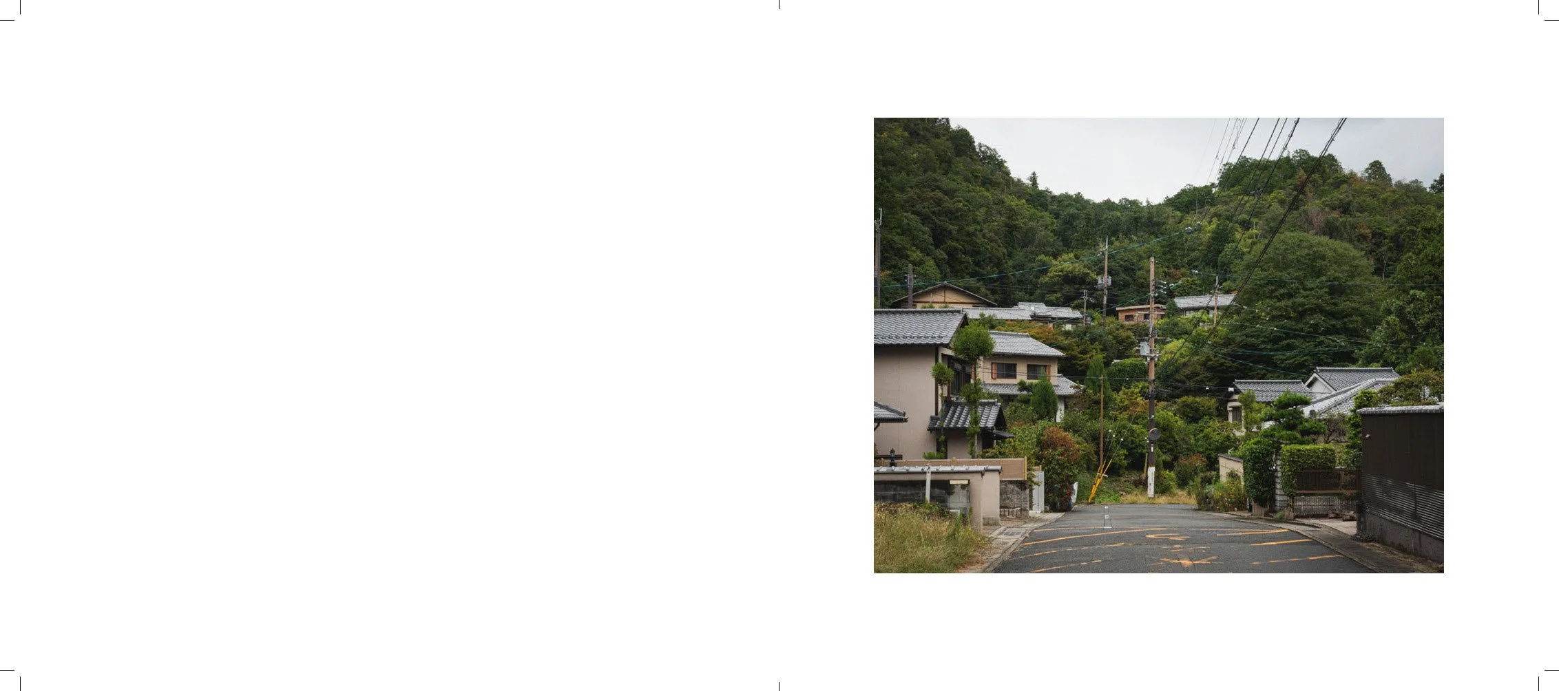 A quiet residential street in a hilly area with houses, trees, and power lines on an overcast day.