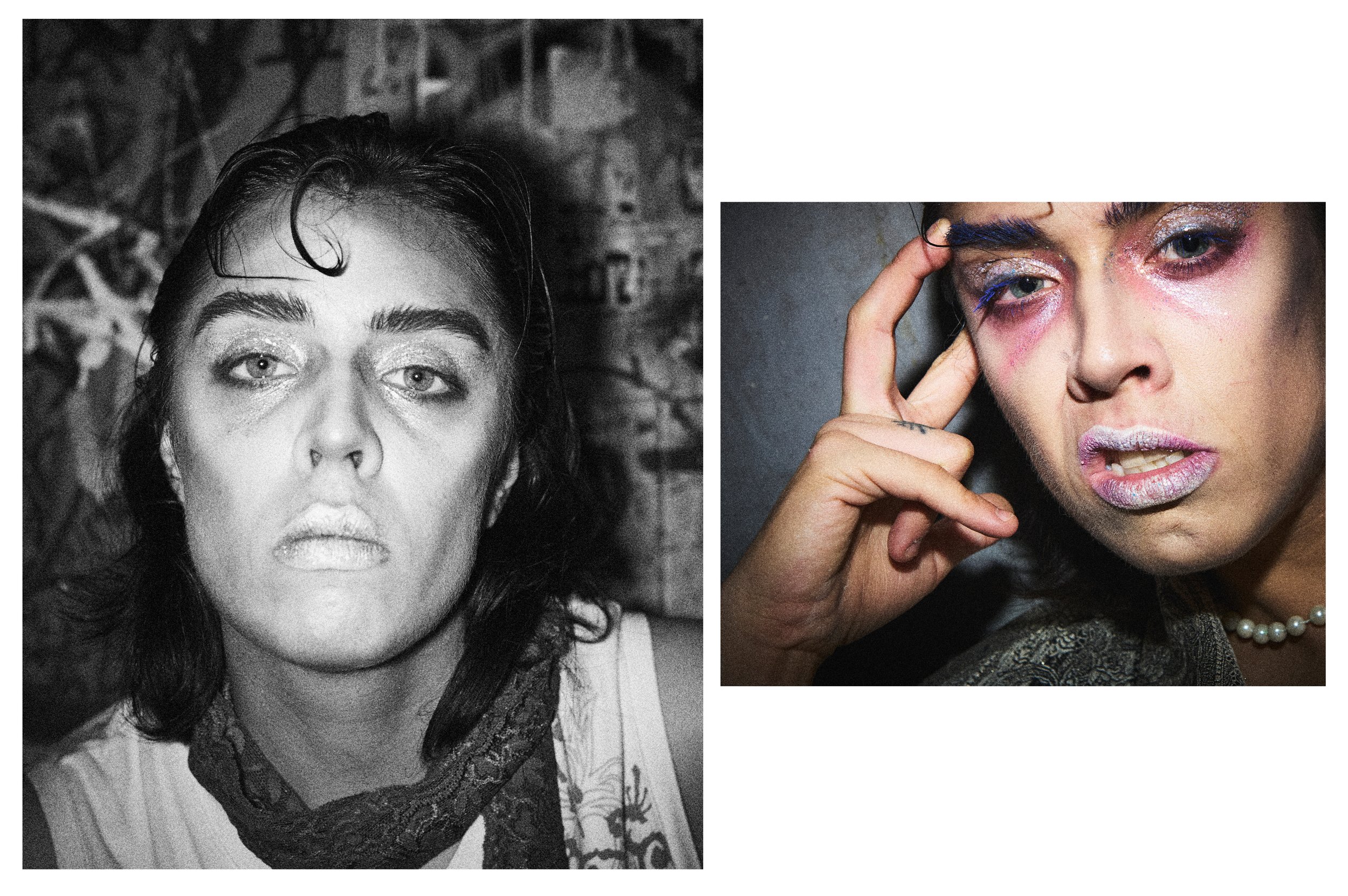 A side-by-side comparison of two portraits of the same woman. The left is a black and white photo showing her with bold makeup, including glittery eyeshadow and lipstick, and her hair pulled back. The right is a color photo showing her with elaborate makeup, including glitter eyeshadow, blue eyeliner, pink blush, and pearl accessories, with her finger touching her temple.