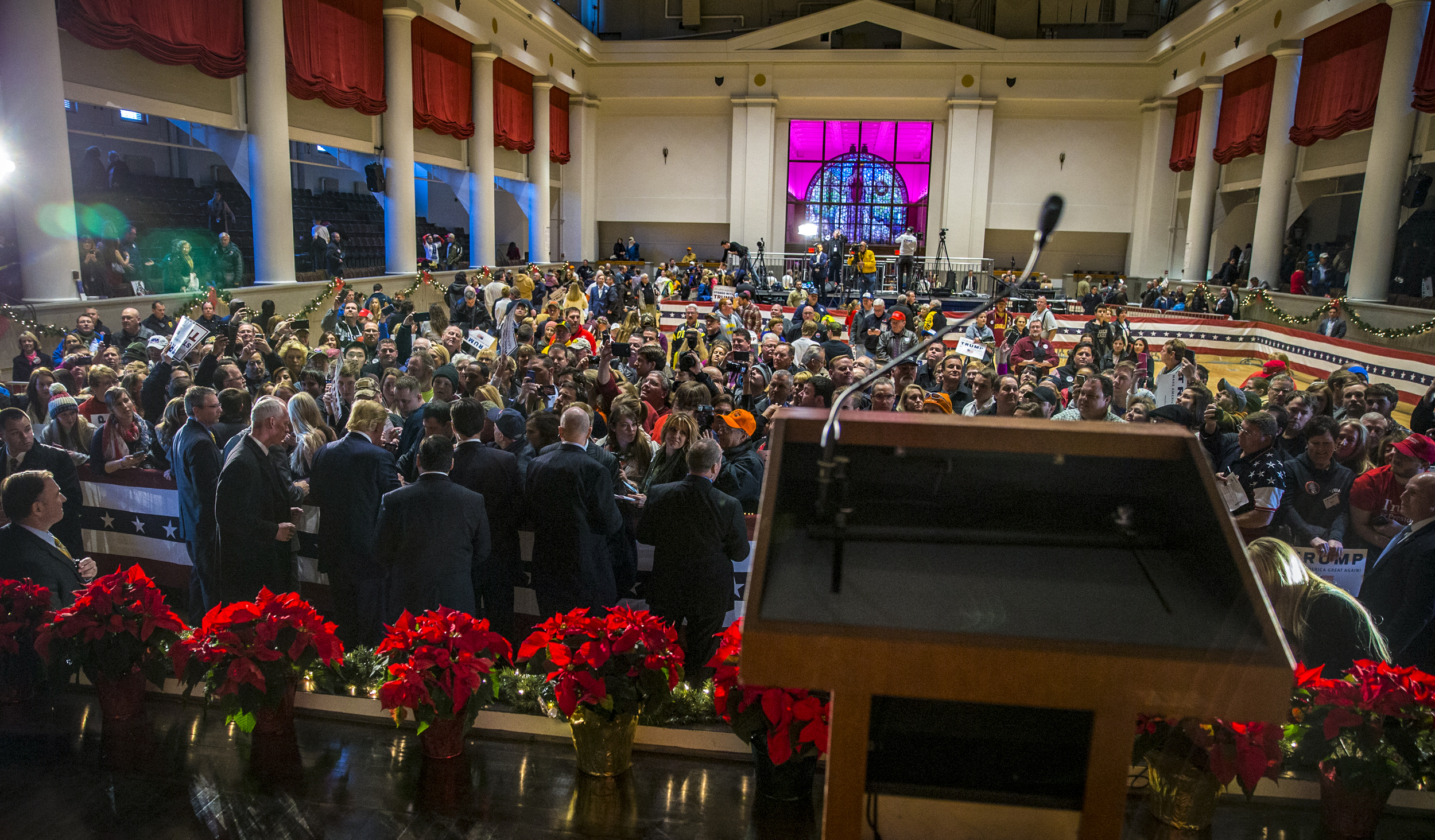 Attendees gather at barricade for a chance to meet presidential hopeful Donald Trump after his rally at the Veterans Memorial building in Cedar Rapids, Iowa, Saturday, Dec. 19, 2015. Trump held the rally in Cedar Rapids just a few days after a recent GOP Republican debate and used the chance to talk about the debate as well as his hopes and ideas for the United States.