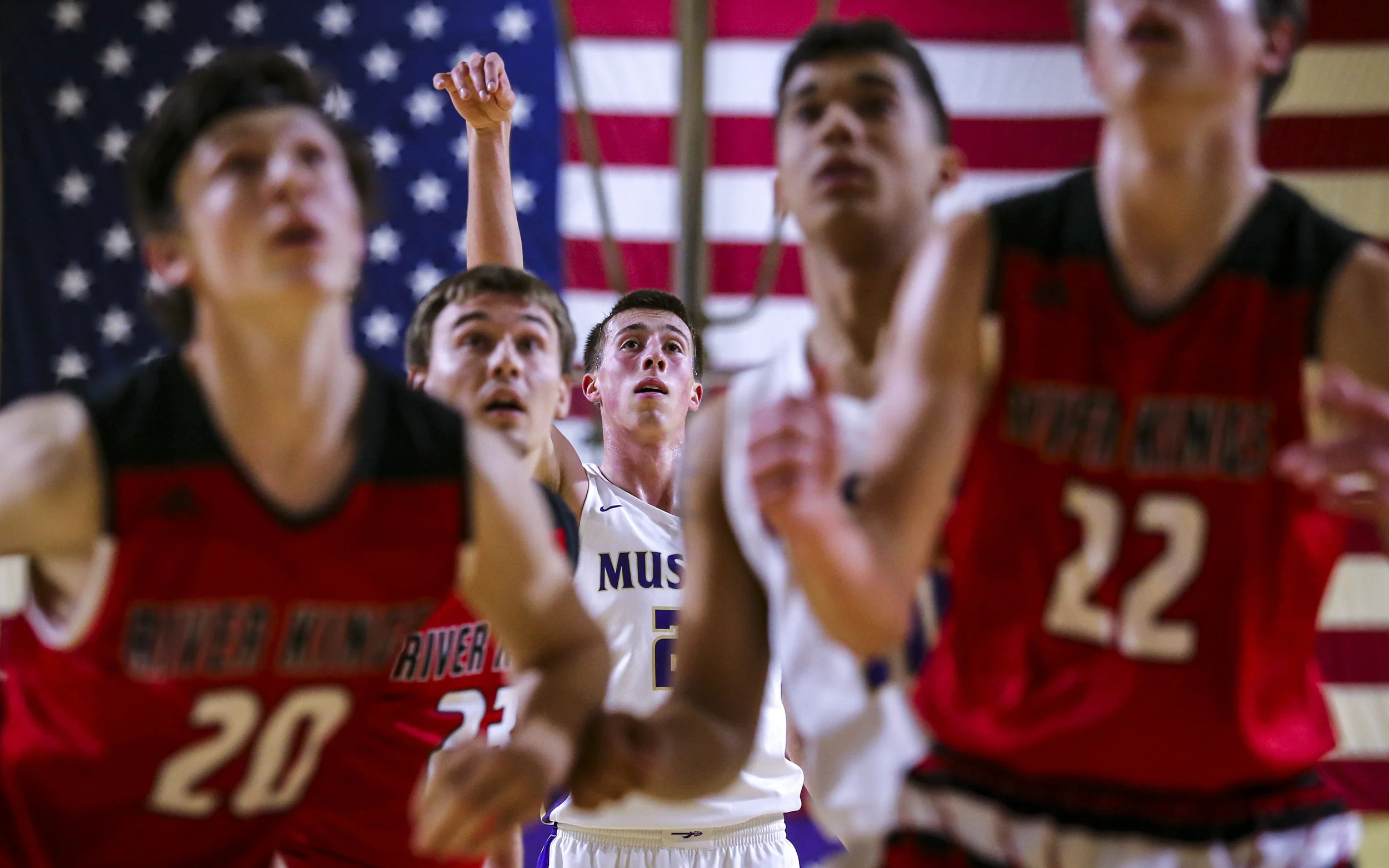 Muscatine's Joe Wieskamp (21) watches after shooting a free throw during the second quarter of their game at Muscatine High School, Tuesday, Jan. 23, 2018.