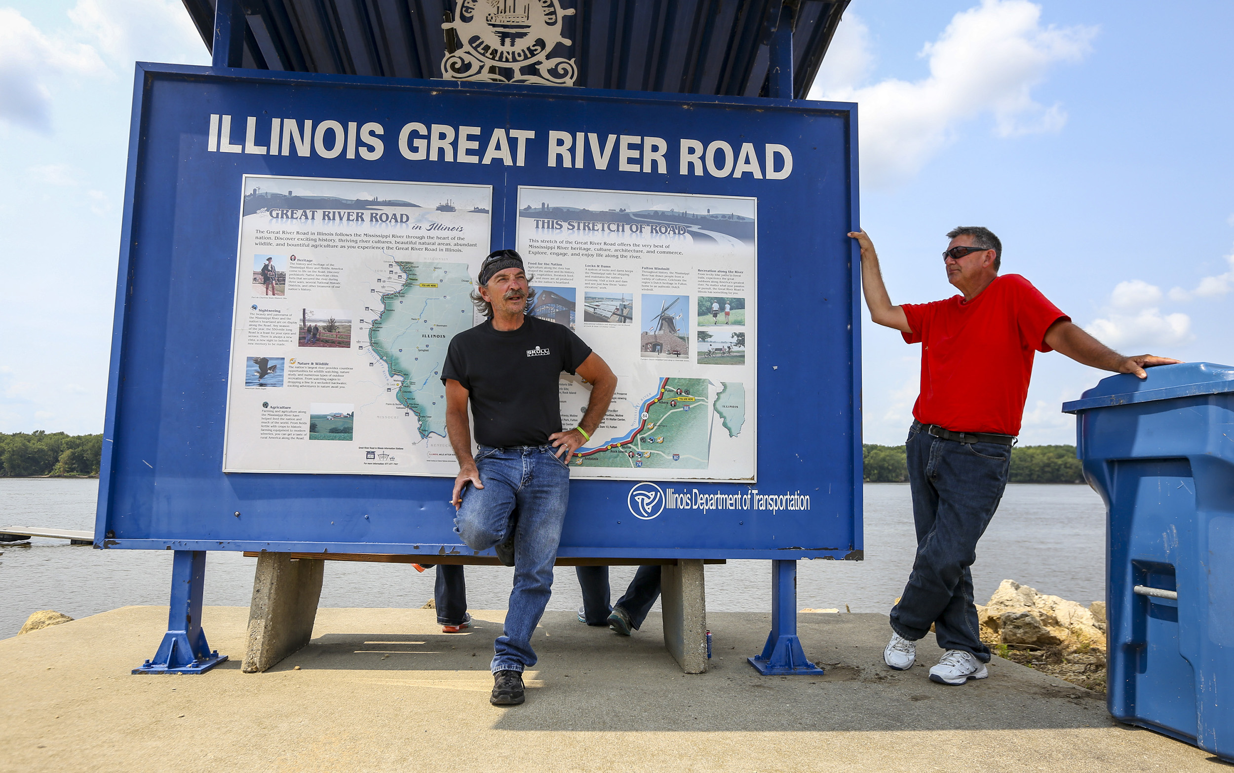 Ken Streitmatter, left and Marty Cantwell of Toulon take a rest together at the Albany boat landing in Albany, Illinois, Wednesday, August 2, 2017. The two couples had spent the last five days riding the Illinois Great River Road and were on their way home. They plan a motorcycle trip each summer and picked the road this summer after nearly a decade riding together.
