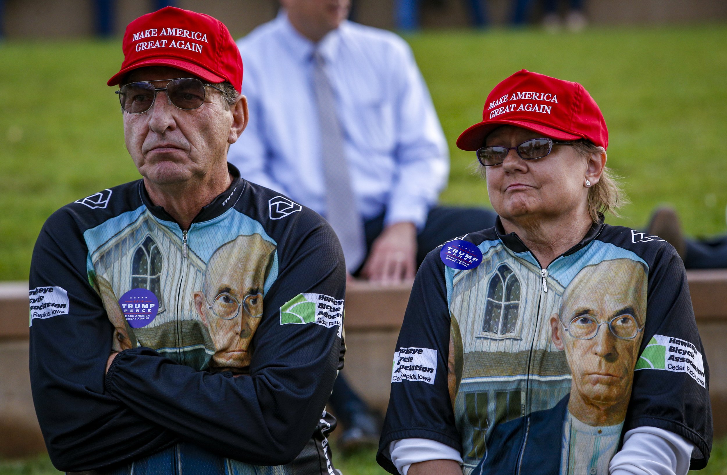  Leonard and Mary Ann Verdeck of Cedar Rapids sit waiting for Republican Party Presidential Nominee Donald Trump to arrive at the McGrath Amphitheater in Cedar Rapids, Iowa, Friday.  