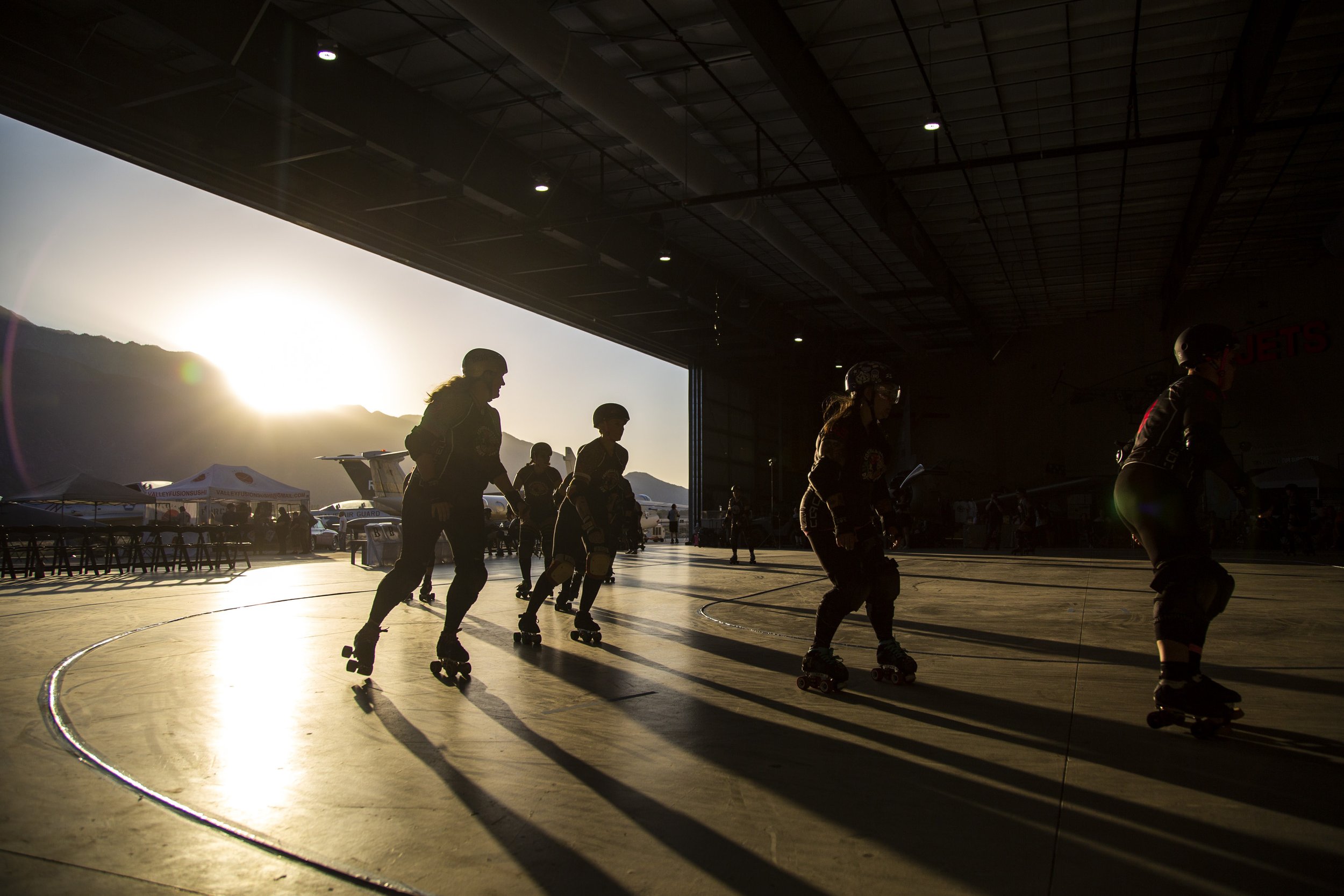  Scenes from the Coachella Valley Derby Girls' homecoming bout at the Palm Springs Air Museum in Palm Springs, Calif., Saturday. The team was preparing for what was only their second-ever home bout in the 10 years since the team was formed.  