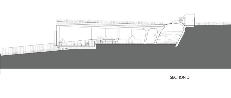 Section D: Cut through living space projecting out of hill, bedroom at right and observation deck above.