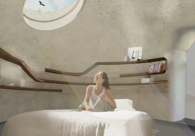 Rendering of round bedroom embedded in hill, with rammed earth wall construction, domed roof and south facing glazing.