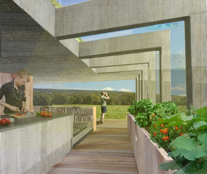 View of garden path through living space: cooking area at left, vegetable and herb garden in wall at right, with sun coming in from the south (right) and large view of hill from sitting area