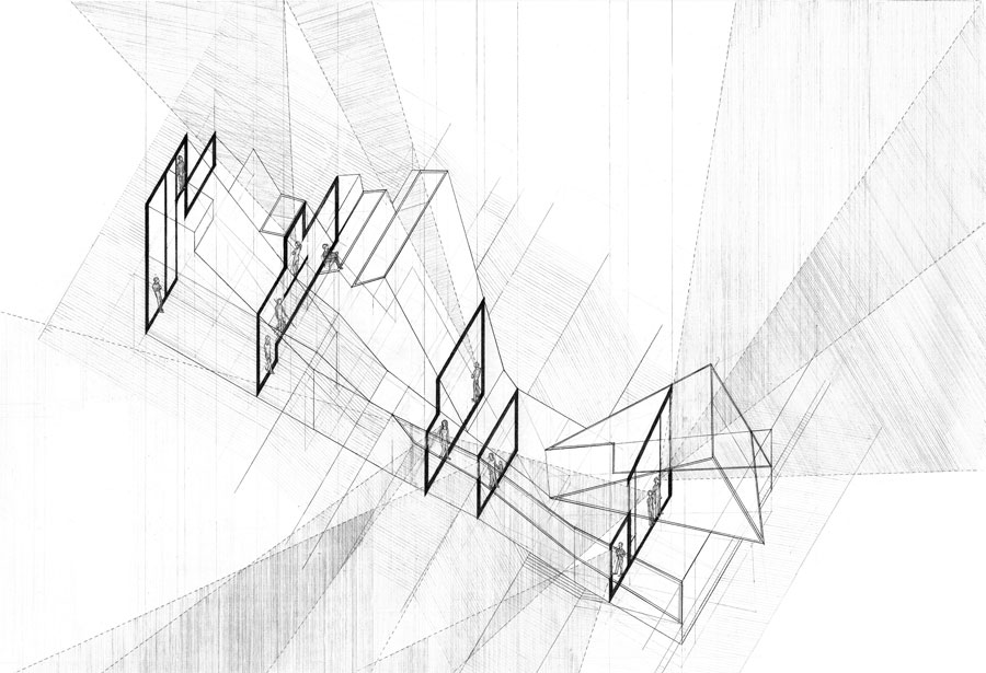  The sequential path through the programmatic elements of a Visitor's Center at the present day fort focus on ascent, descent, conditions of above and below ground, and access to views outside. The volume's path is an extension of the already hyper-defined land with which it integrates below, through, above, around, and over the topography. As one travels through the Visitor's Center, one is exposed to the fort's history as well as its heightened spatial experiences.
