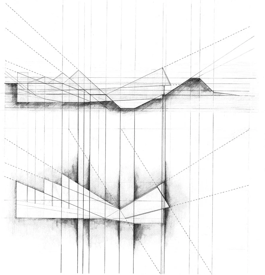 Design of Fort Niagara's Visitor's Center, pland and section. The projection of planes created by critical points of change in the topography creates a volume that challenges existing relationships of body, horizon, and ground plane. 