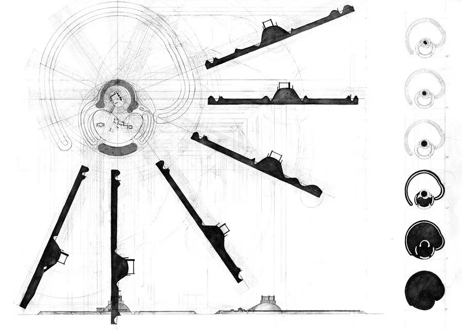 Precedent Study of Fortification: plans and section of Pleshey Castle, a midieval motte and bailey castle in Essex, England that uses manipulated topography as its primary defense.