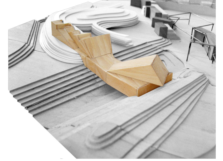 Detail of scale model on site, amongst other student proposals. basswood.