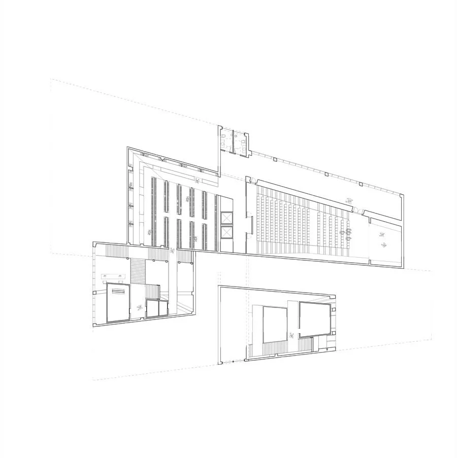 Second Floor Plan, showing stacks, media rooms and auditorium spaces.