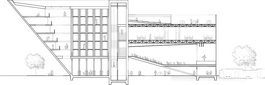 Section showing Core housing stairs and elevators, stacks in quadrant at left and study carrels on left oblique wall. Right quadrant houses café at ground floor, auditorium above that, and study spaces at top floor. Light rail seen arriving at far right.