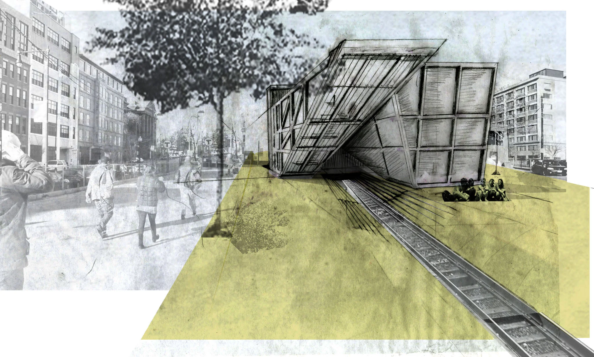 view of library approach with light rail track in foreground