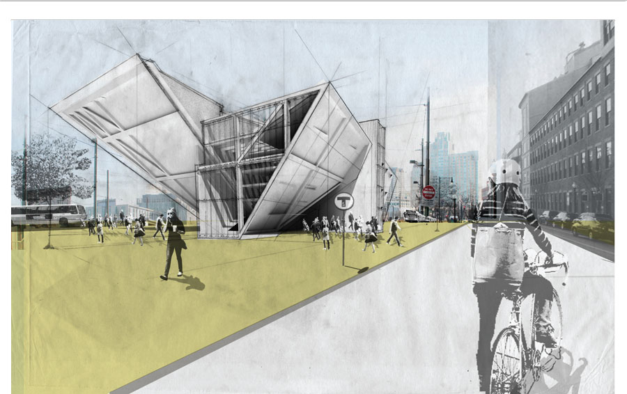 Exterior render of Library. sketch on trace paper over printed Rhino model rendering, with Photoshop and Illustrator treatment