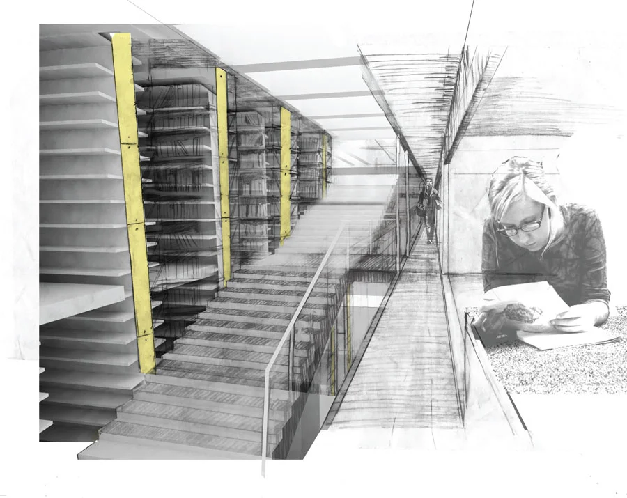 Interior render of Library, stacks at left and study carrels at right. sketch on trace paper over printed Rhino model rendering, with Photoshop and Illustrator treatment.
