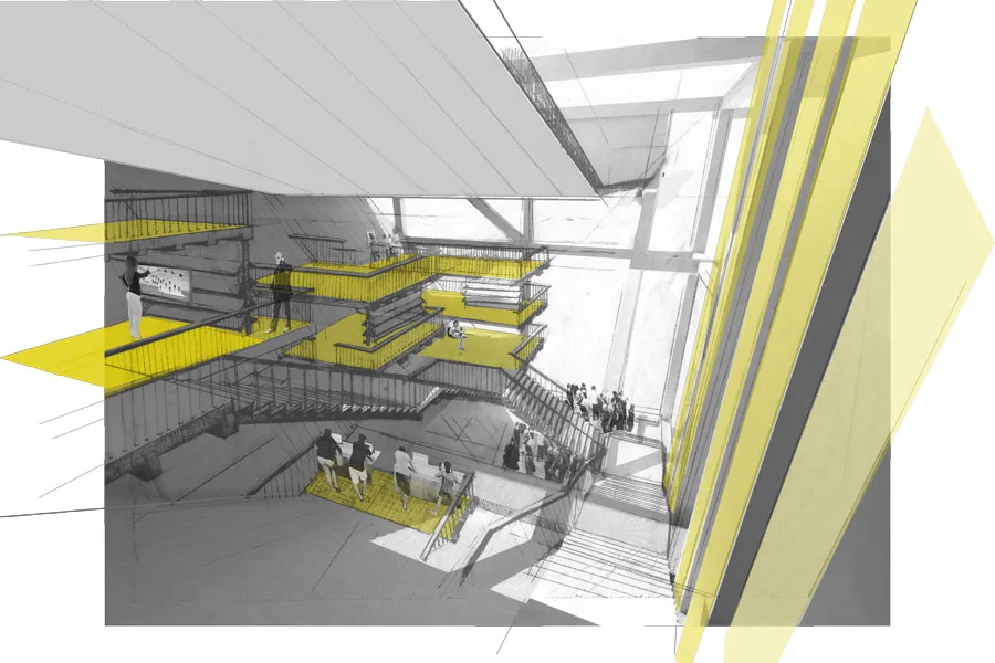 Interior render of Library, media tray quadrant. sketch on trace paper over printed Rhino model rendering, with Photoshop and Illustrator treatment.