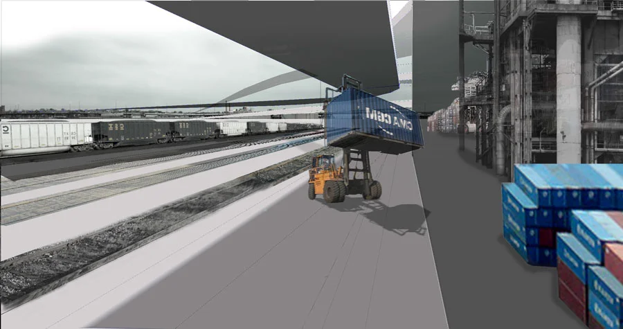 Perspective: View at ground level with transfer of materials to and from rail