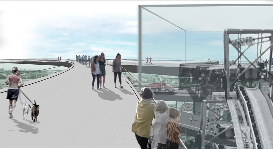 Perspective : At Knot building, a multi-level intersection of paths of people and materials