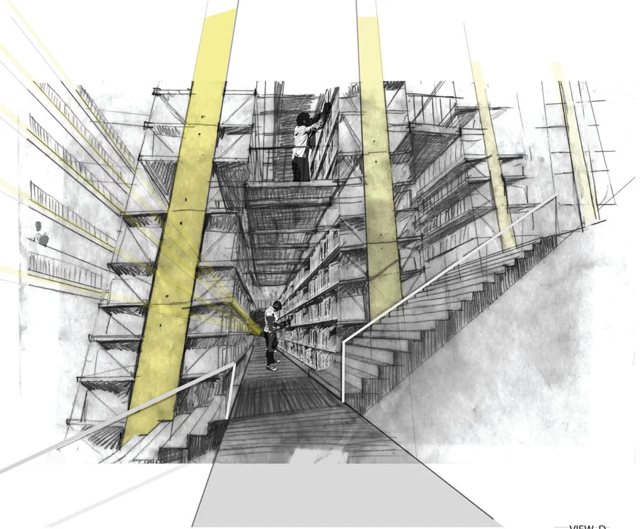 Interior render of stacks quadrant of Library. sketch on trace paper over printed Rhino model rendering, with Photoshop and Illustrator treatment.